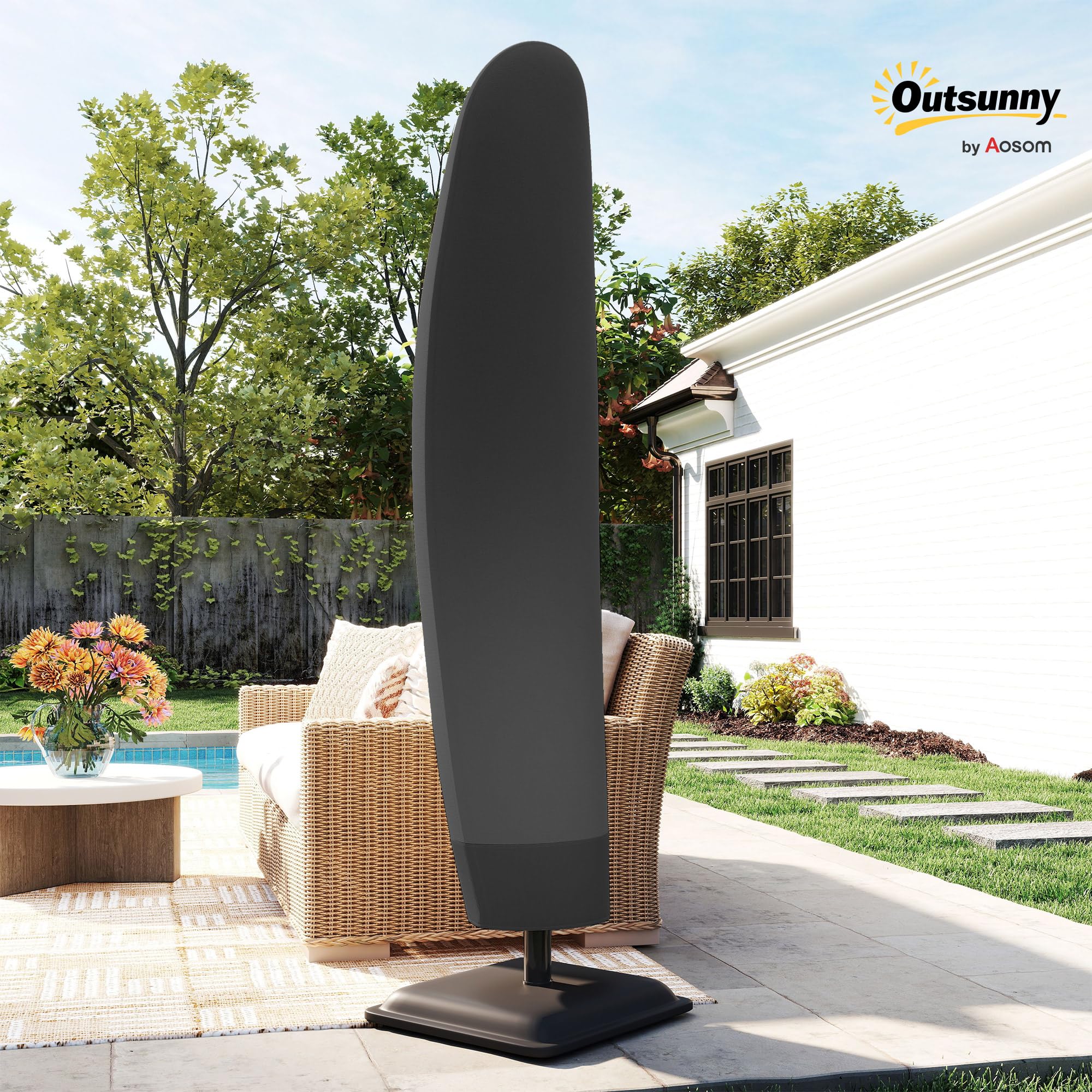 Outsunny Copri Ombrellone da Giardino Impermeabile, Copertura per Ombrelloni Rotondi da Ø396 cm o Quadrati da 304 cm con Cerniera e Laccio in Tessuto Oxford 600D, 220x56x56 cm, Nero