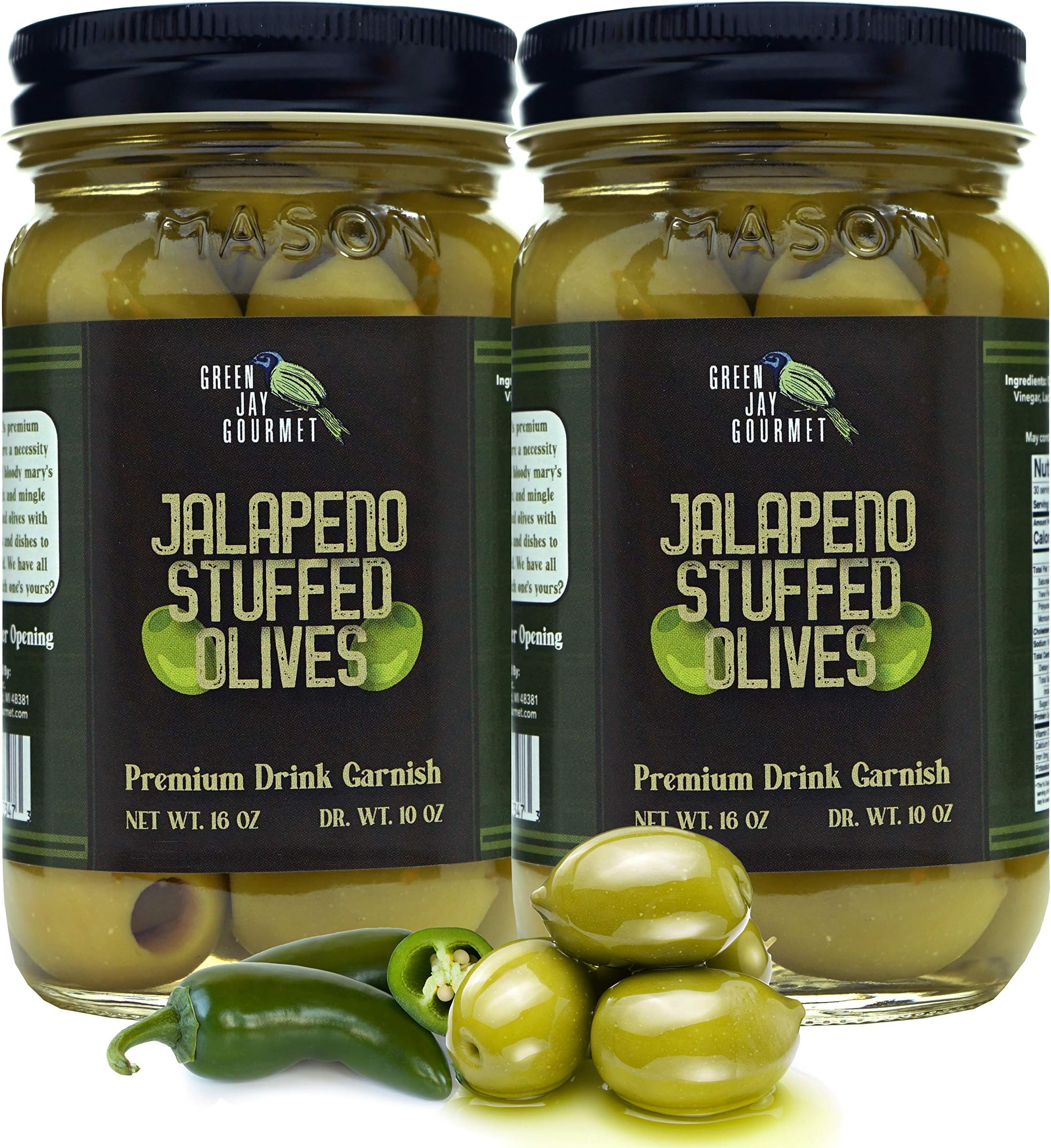 Green Jay Gourmet Jalapeno Stuffed Olives โ Stuffed Green Olives for Cocktail Garnish & Cheese Board Recipes โ Dirty Martini Olives & Cocktail Olives โ Gourmet Olives โ All Natural โ Large โ 2 x 16 Oz