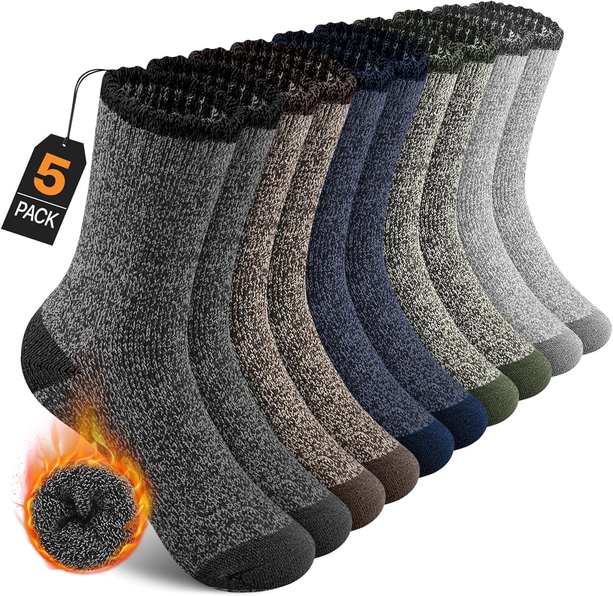 UUMIAER 5 Pairs Merino Wool Socks for Men, Thermal Wool Hiking Socks Supper Thick Winter Crew Socks (US Size 7-13)