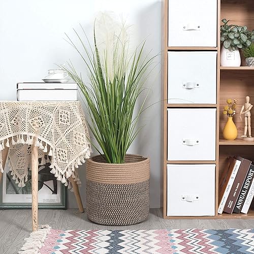 Miniatura 18 de MINTWOOD Design Cesta de cuerda de algodón de 11 x 11 pulgadas para macetas y macetas de suelo de interior, cesta decorativa redonda tejida