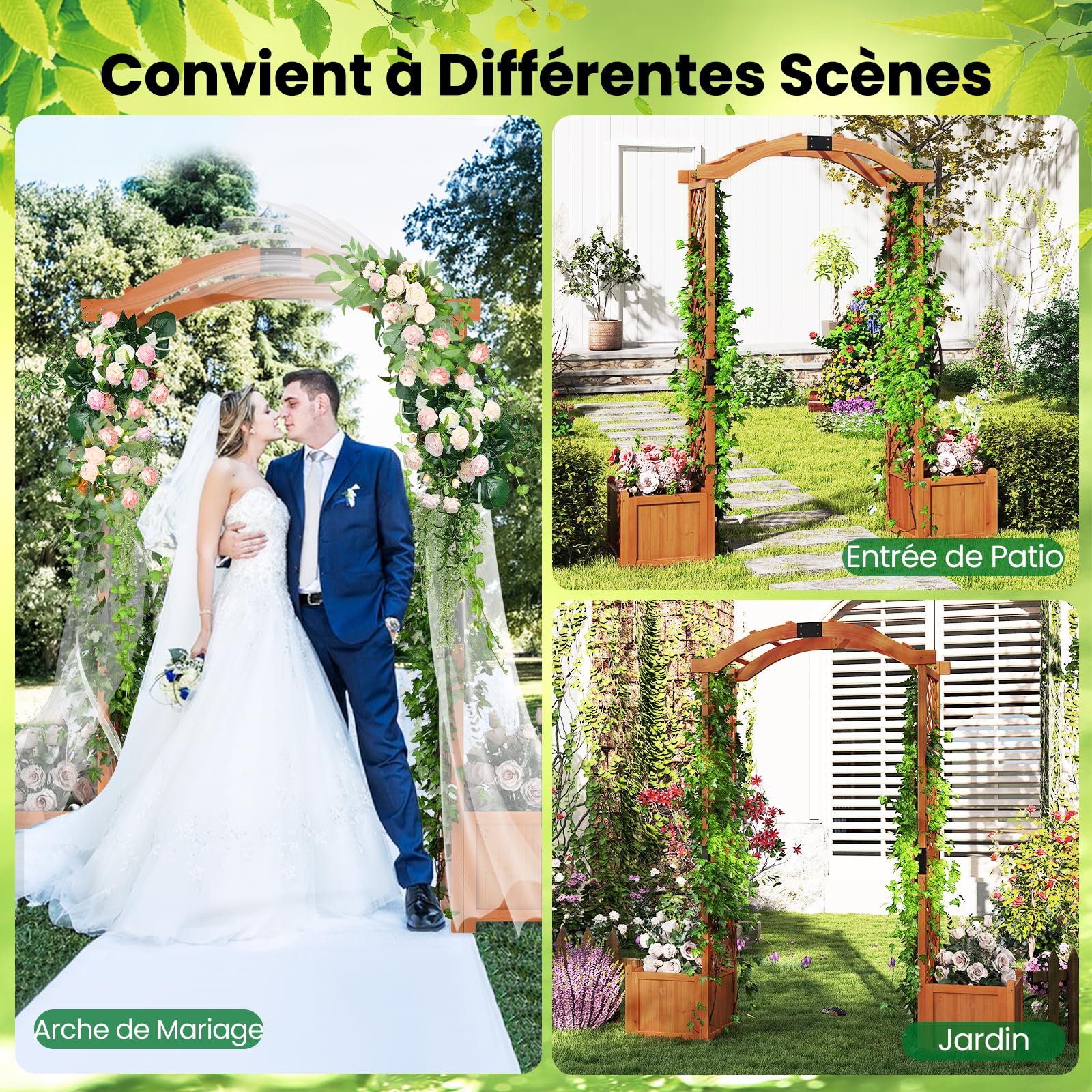 GOPLUS Arche de Jardin avec 2 Jardinières Surélevées 200CM,Jardinières avec Treillis Arqué pour Plantes Grimpantes Fleurs Herbes Légumes Fruits en Bois Massif, Porte Allée Jardin