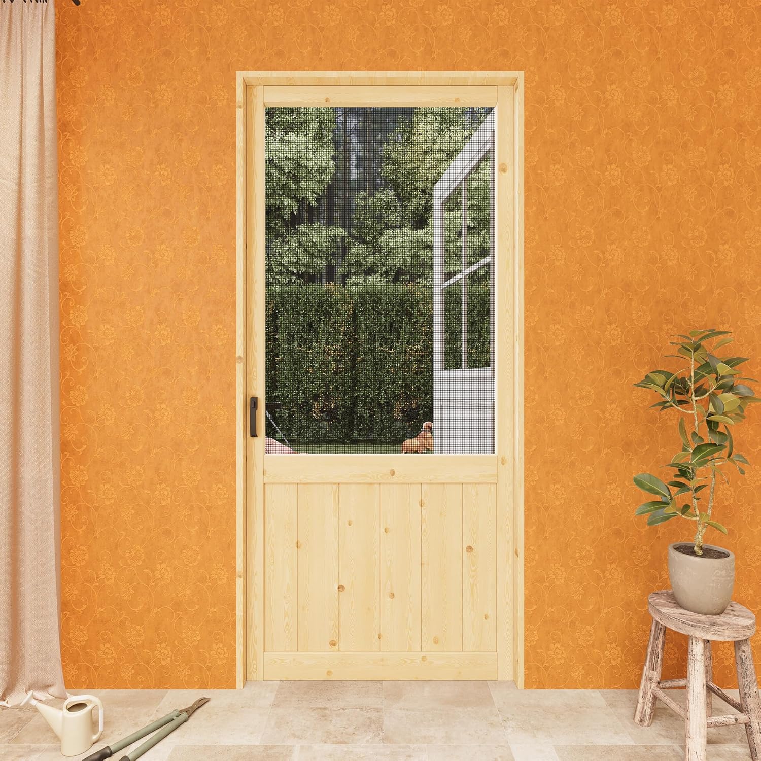 Wooden Screen Door for Exterior/Interior, 36 x 80 Inch French Solid Pine Screen Door with Handle, with Hinged Gauze Screen Mesh, for Front Entry, Storm, Porch, Backyard, Hallway, House Door