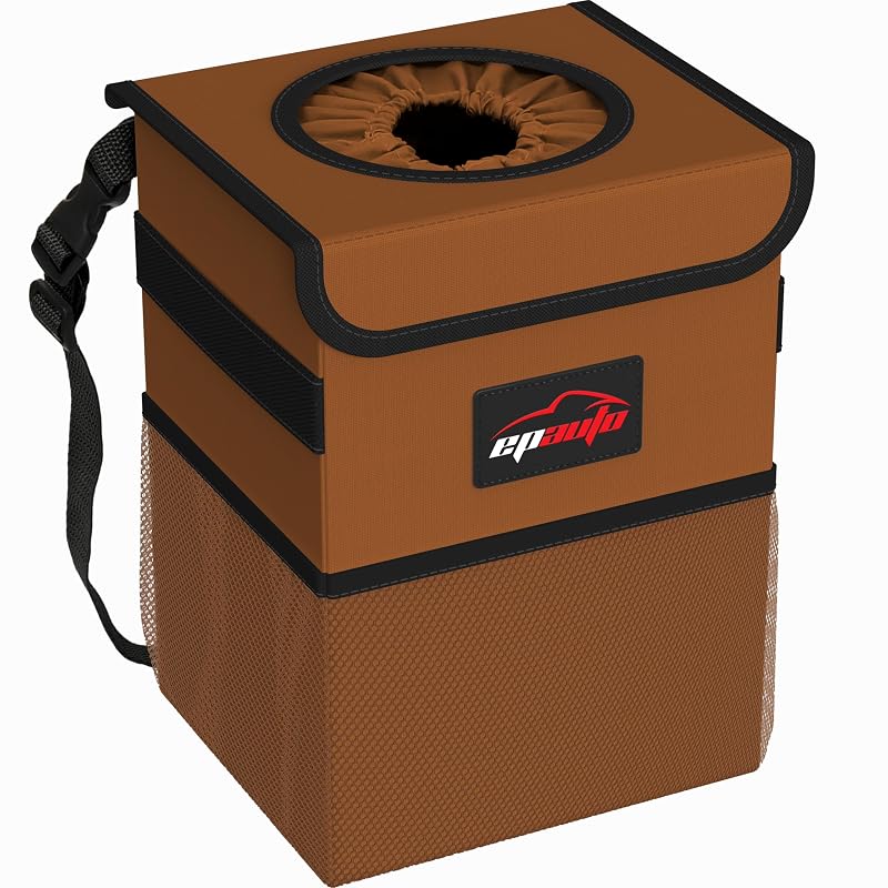 Lixeira automotiva EPAuto impermeável com tampa, bolsos e capacidade de 9,5 L marrom