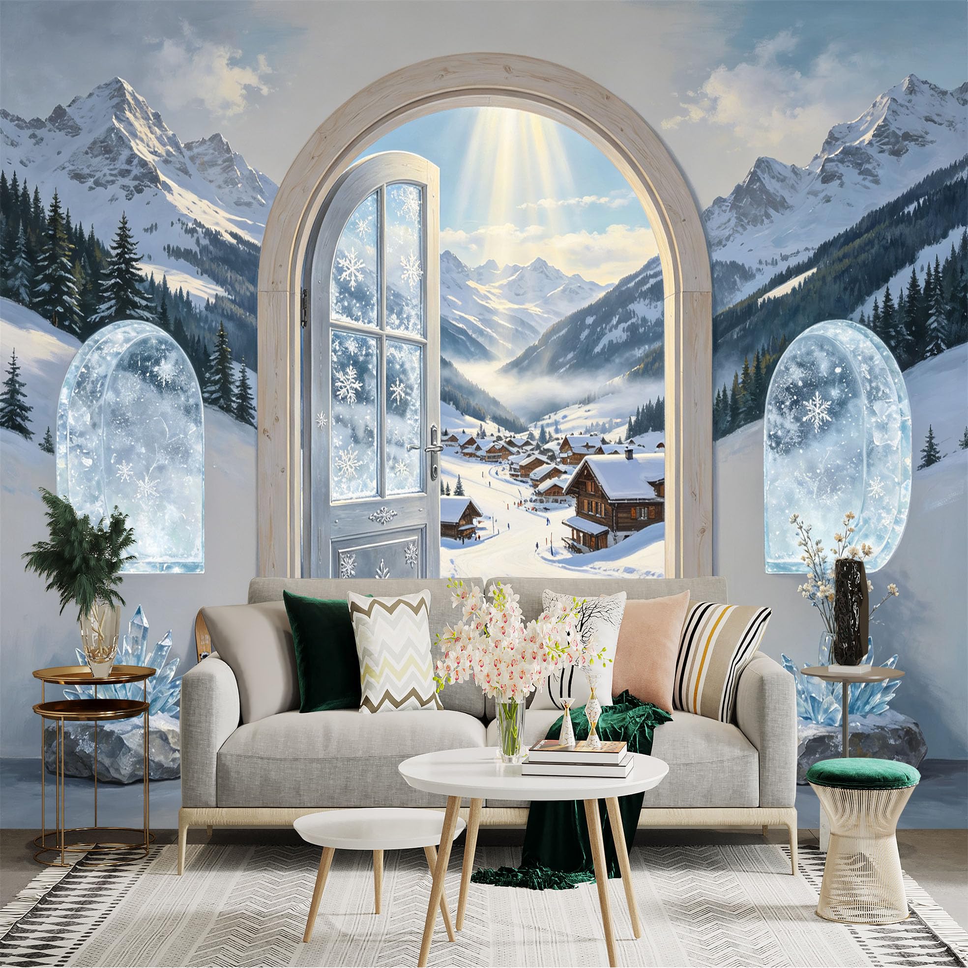 Custom Size Wall Sticker Mural， Snowy Mountain Village Winter Landscape Frosted Door View， for wall Decoration， peelandstick wall Decals.