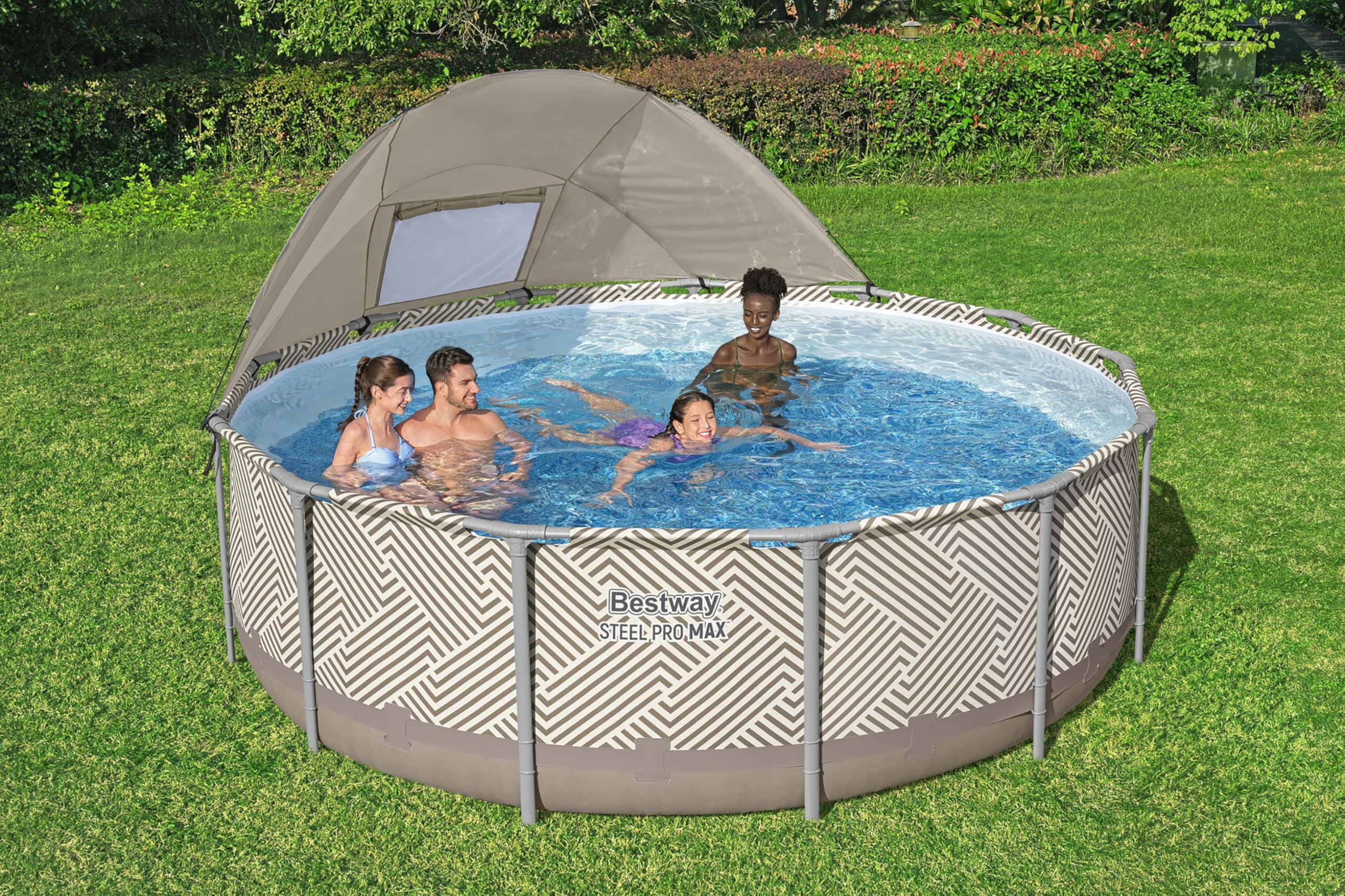 Bestway Steel Pro MAX Frame Pool Komplett-Set mit Filterpumpe Ø 396 x 107 cm, Op Art-Design, rund