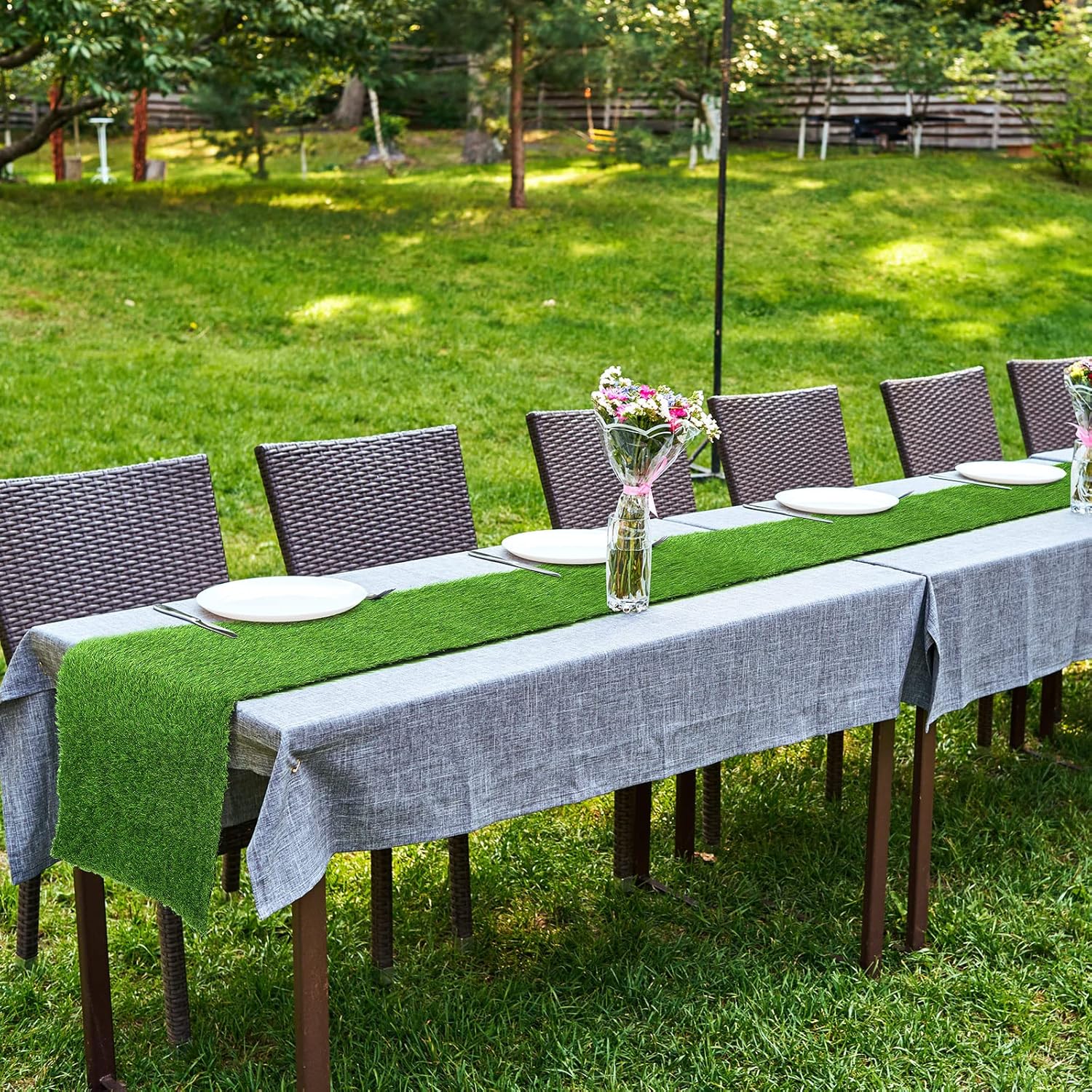 Boao 2 Pcs Artificial Grass Table Runners 14 x 72 Inch Grass Runner Synthetic Table Runners Rug Decorations for Fall Summer Holiday Wedding Birthday Party Decor
