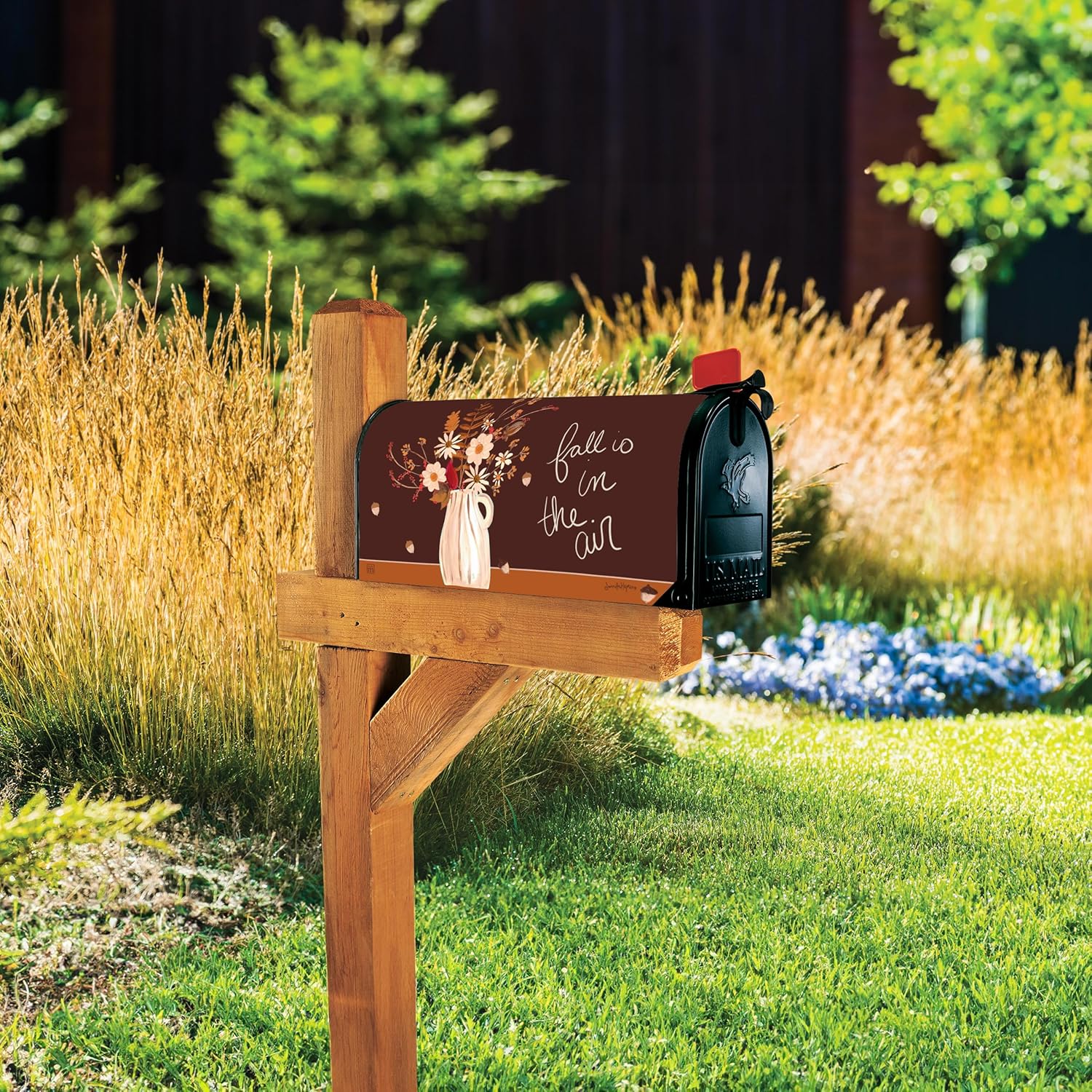 Studio M Decorative Autumn Harvest MailWrap Fits Standard Size 6.5 x 19 Inch Mailbox Weather Resistant Vinyl Brown Tan White Fall in The Air