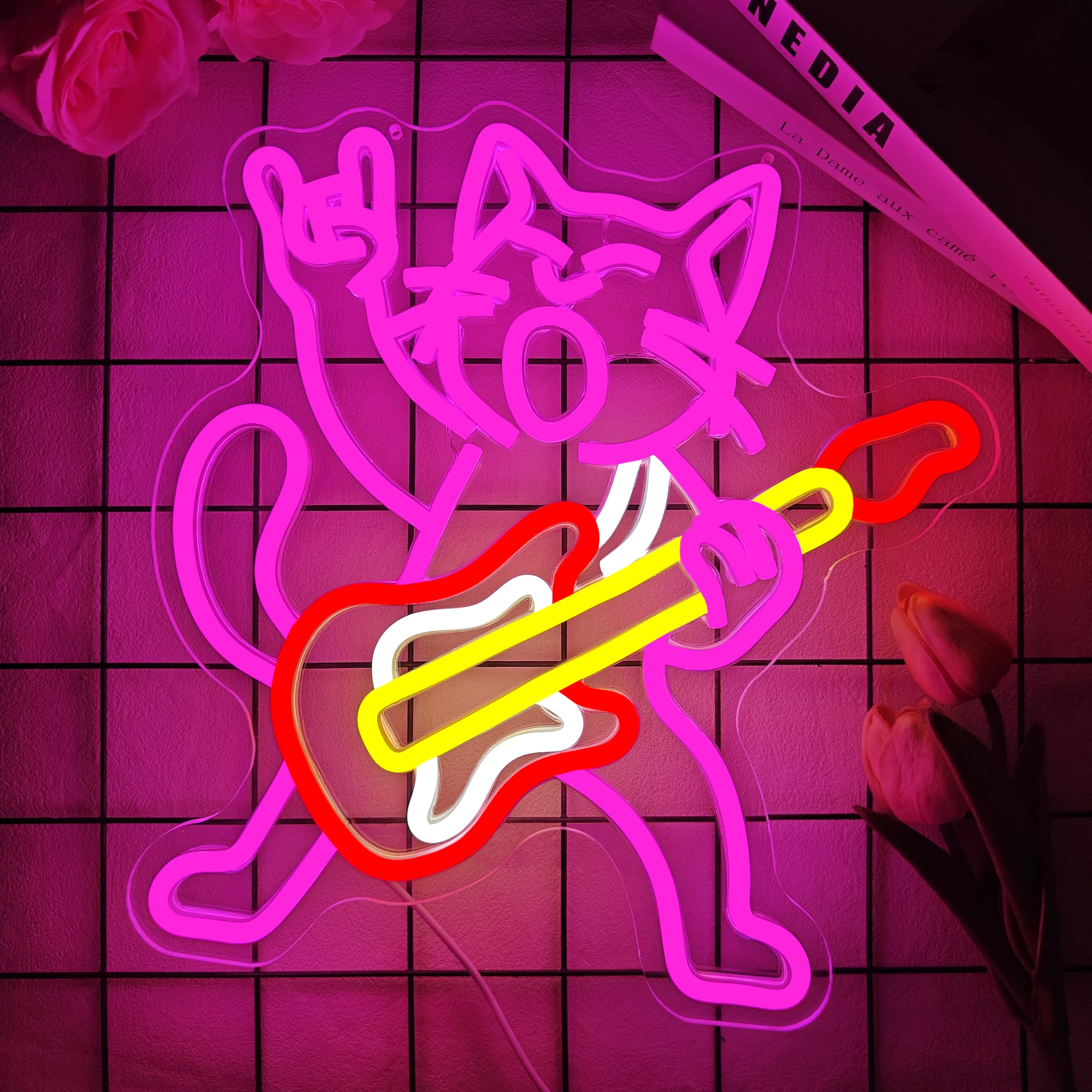 Insegne al neon per chitarra a forma di gatto per decorazione da parete dimmerabile Rock & Roll Kitty Luci al neon USB Gatto che suona la chitarra Segno Led Musica Gatti Decorazione da