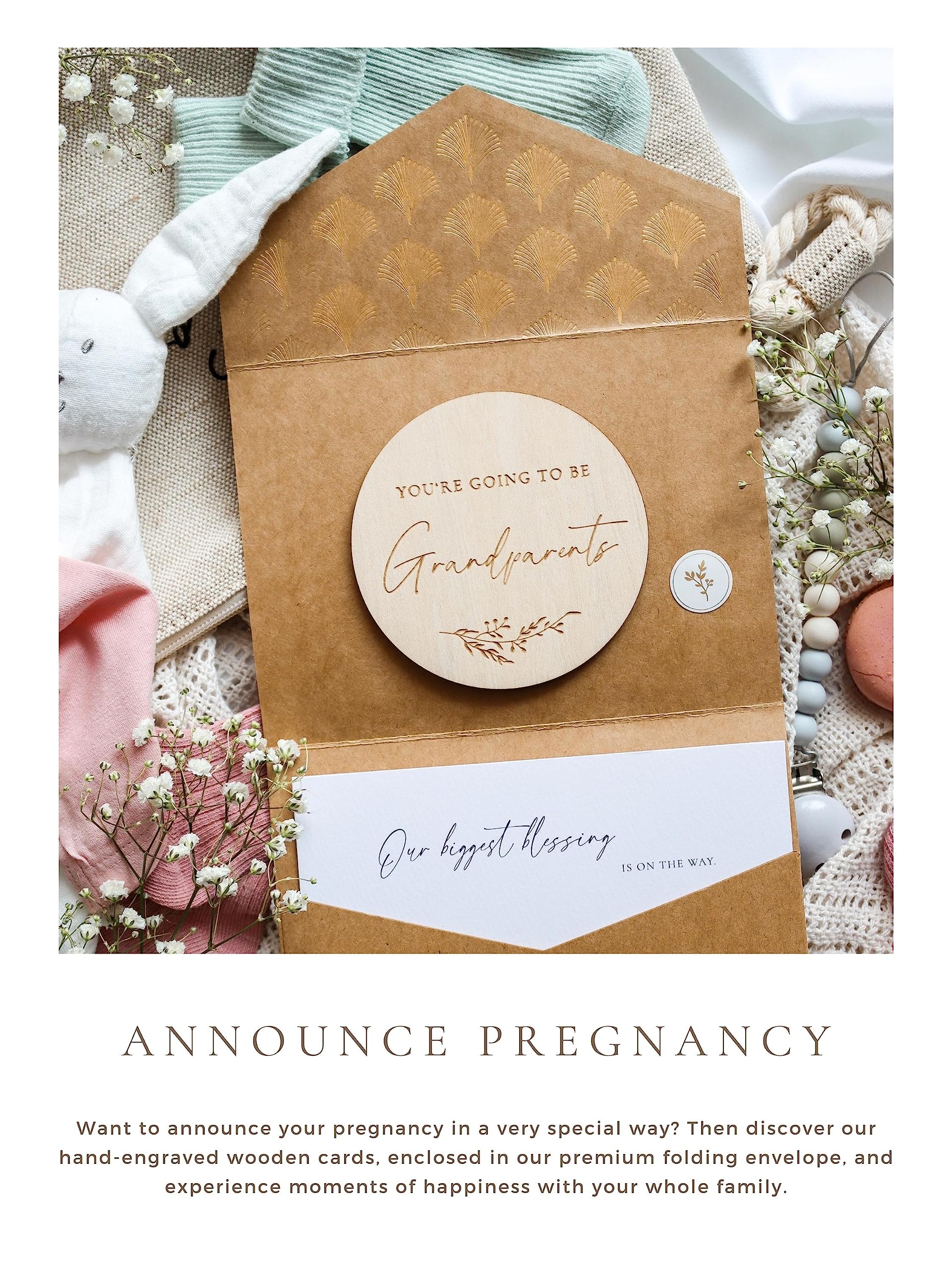 Jolicoon Pregnancy announcement wooden card, You're going to be grandparents with pocketfold envelope and seal sticker - Image 3