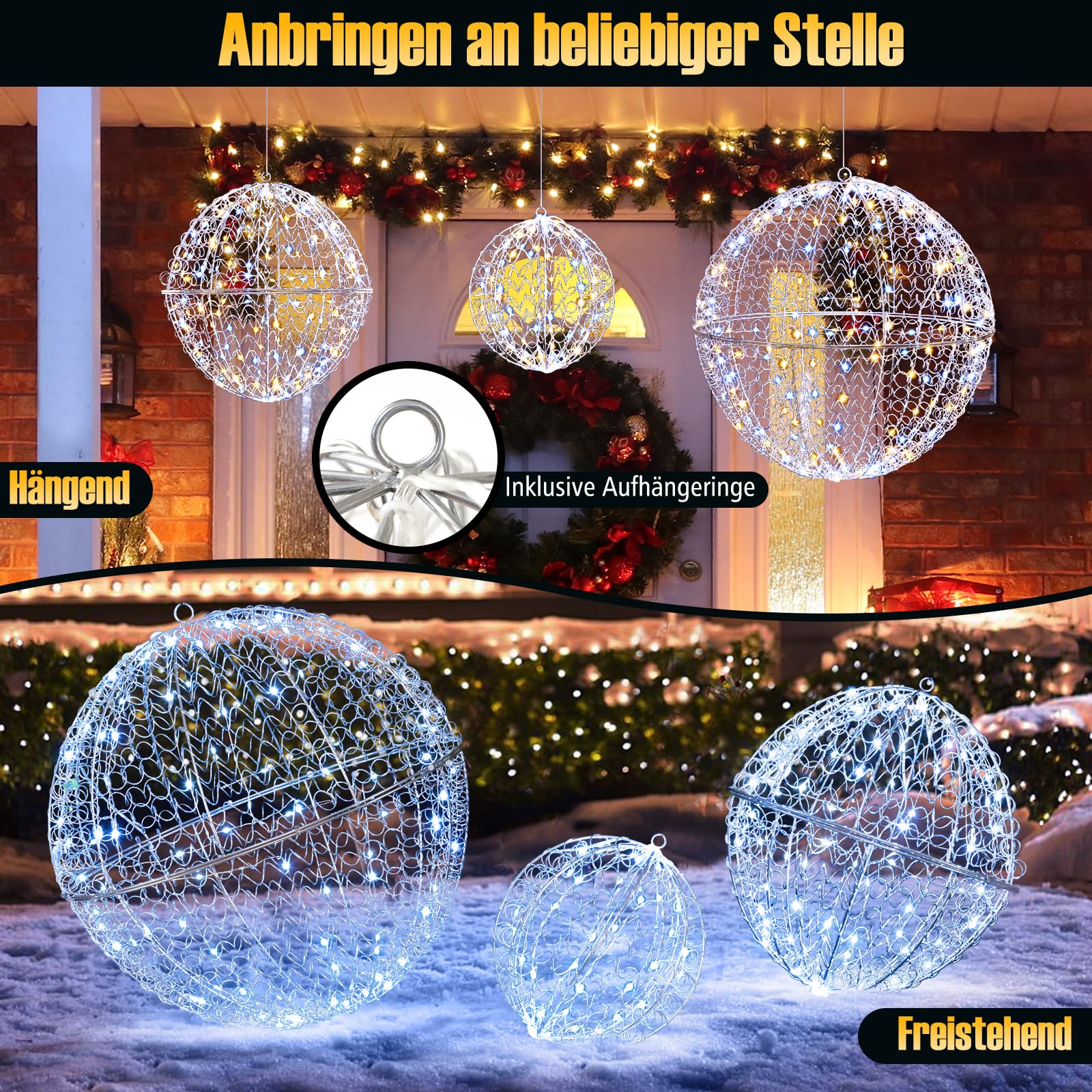 COSTWAY 3er Set LED Dekokugel, 435 LEDs, 3 Lichtfarben & 8 Modi, Weihnachtsbeleuchtung für innen und außen