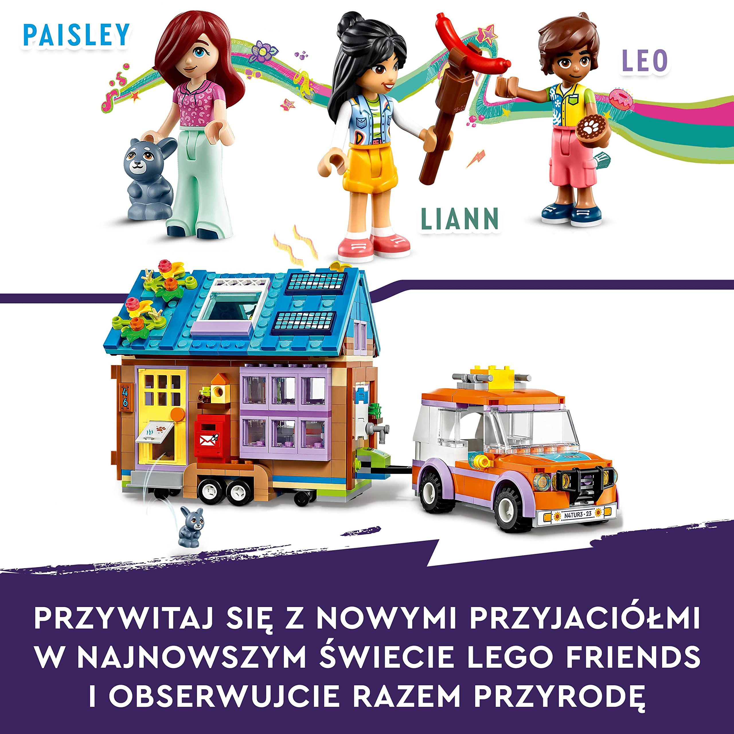 LEGO Friends Mobilny domek, zestaw do zabawy w domek dla lalek z samochodem, Leo i Liann, pomysł na prezent dla dziecka - dla 7-latka, chłopca i dziewczynki, postacie z serii 2023, 41735