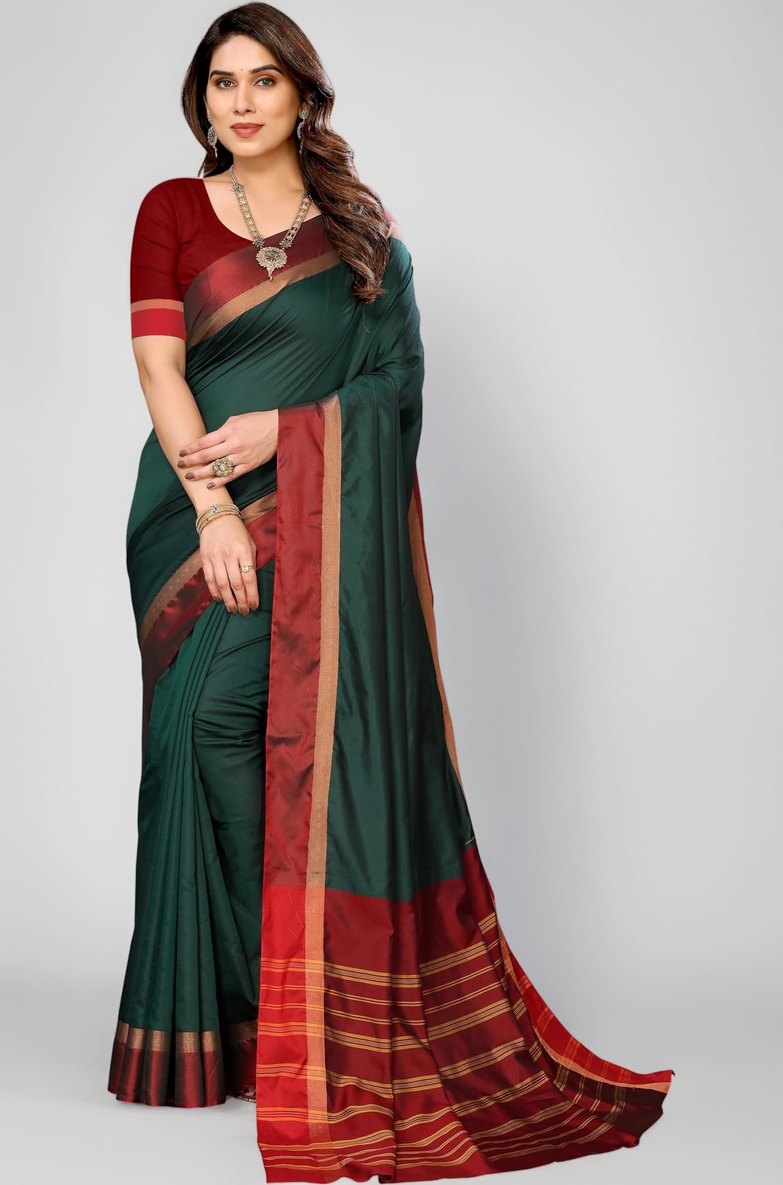 Women's Striped Pattern Cotton Silk Saree with 6 Yards Length and Unstitched Blouse Piece