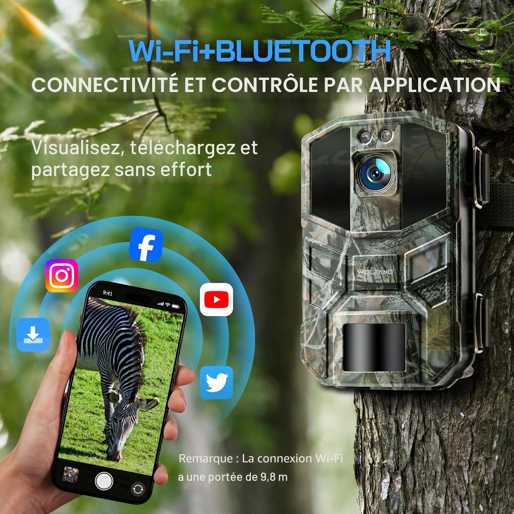 WOLFANG WiFi Caméra de Chasse,64MP 4K HD Caméra Chasse avec 940 nm No Glow Vision Nocturne,IP66 Étanche pour l'observation des Animaux