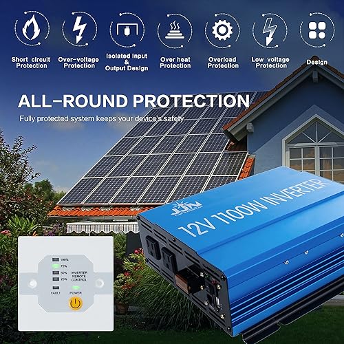 Miniatura 4 de Inversor de onda sinusoidal pura de 1100 W, CC 12 V a CA 110 V120 V, convertidor con pantalla digital LCD, control remoto con cable, inversor de