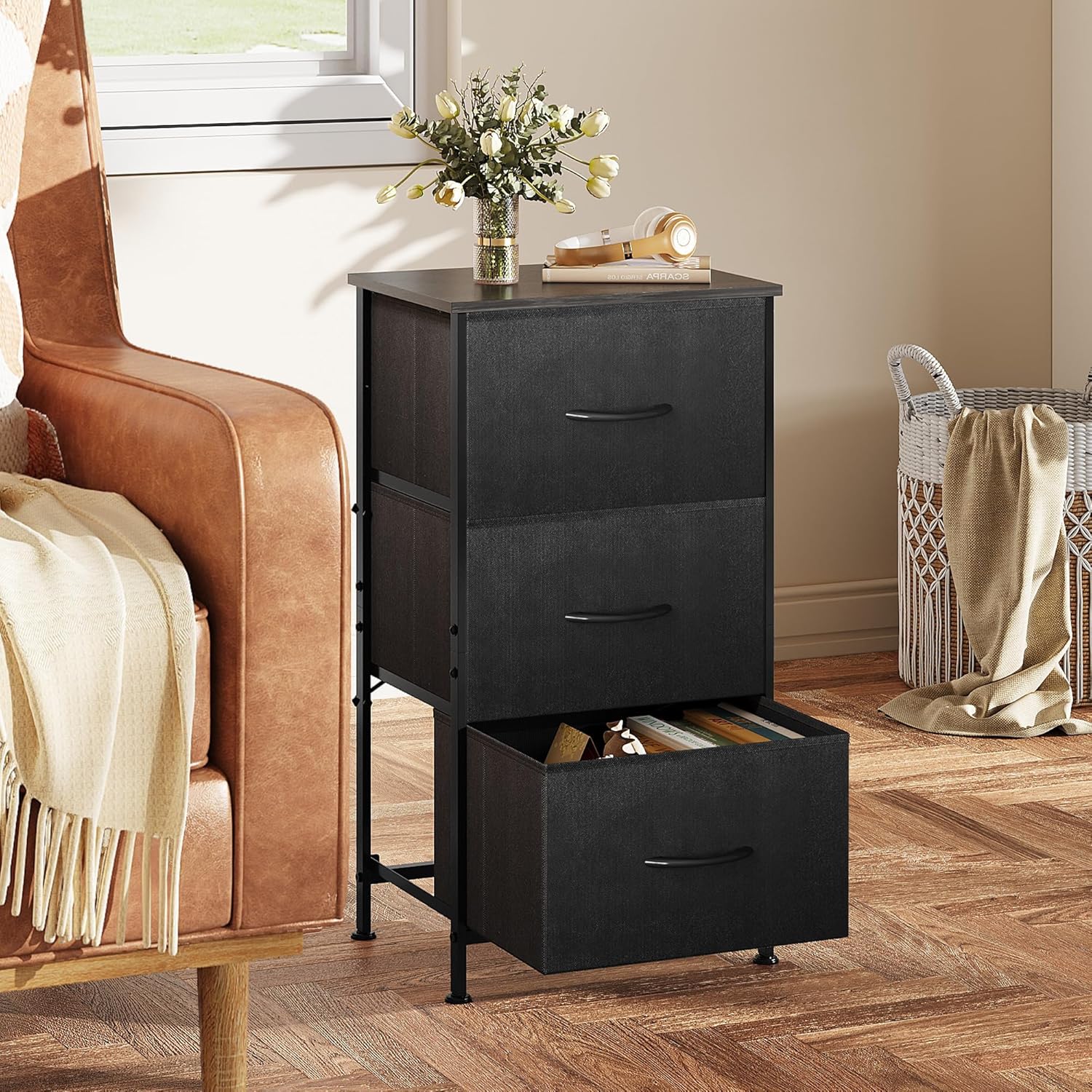 WLIVE Dresser with 3 Drawers, Fabric Nightstand, Organizer Unit, Storage Dresser for Bedroom, Hallway, Entryway, Closets, Sturdy Steel Frame, Wood Top, Easy Pull Handle, Charcoal Black