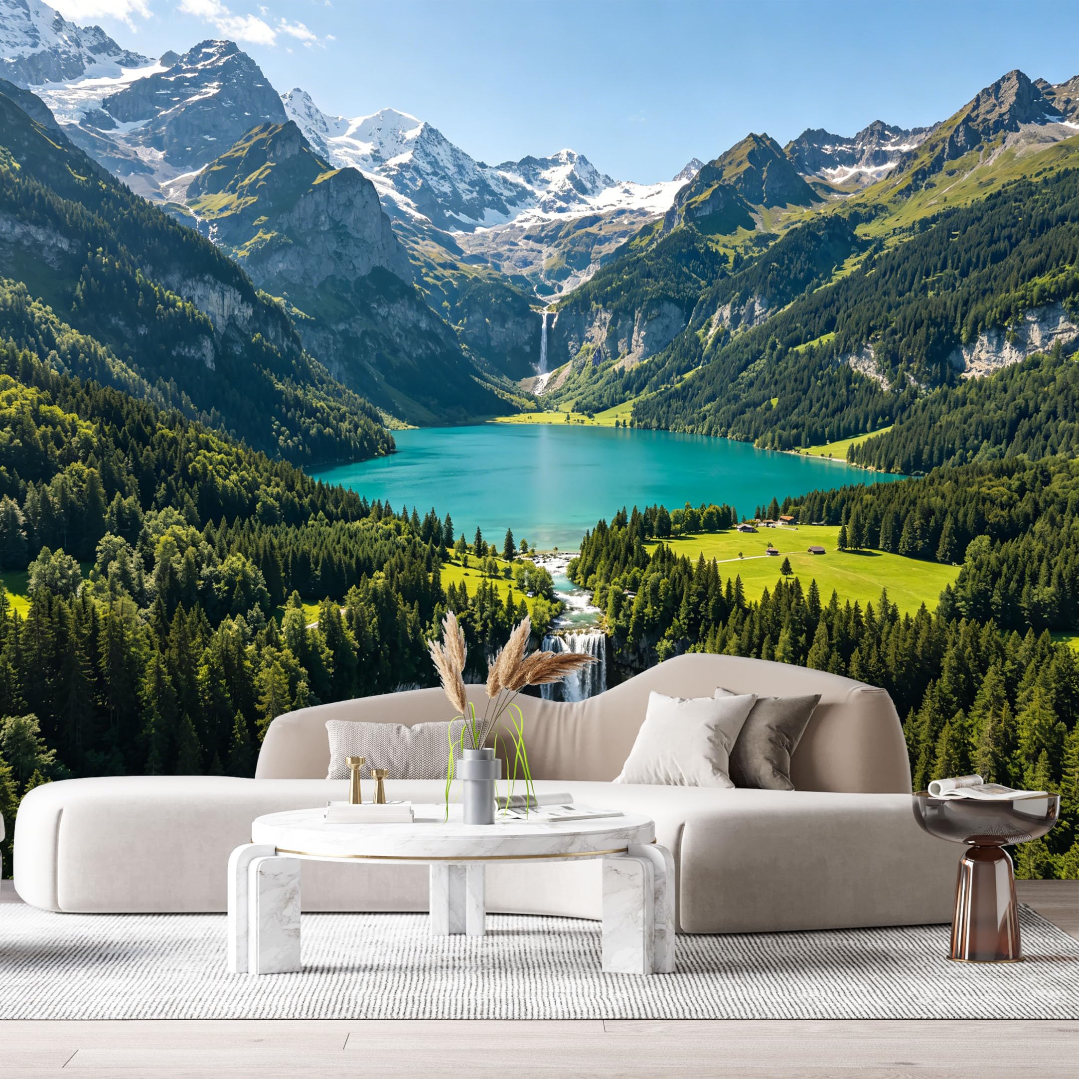 Custom Size Wall Murals Alpine Lake Waterfall Landscape Mountain Peak SelfAdhesive Wall Fabric Removable Large Wallpaper for Photo Living Room Interior Decor Wall Art