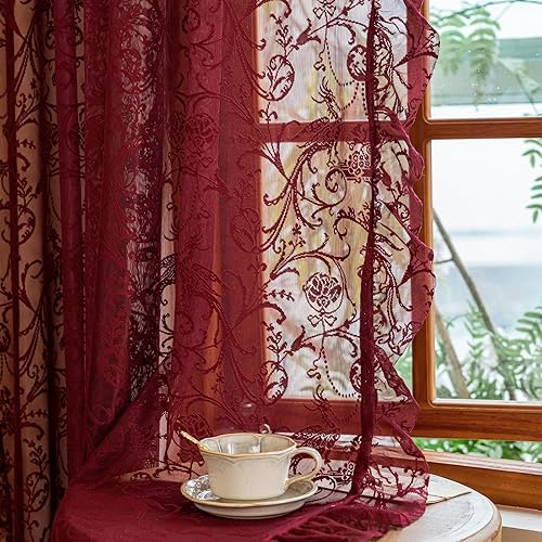 Miniatura 32 de Cortinas florales beige de 108 pulgadas de largo - Cortinas de encaje finas para comedor, con volantes de flores retro de los 60 y 70, bordadas