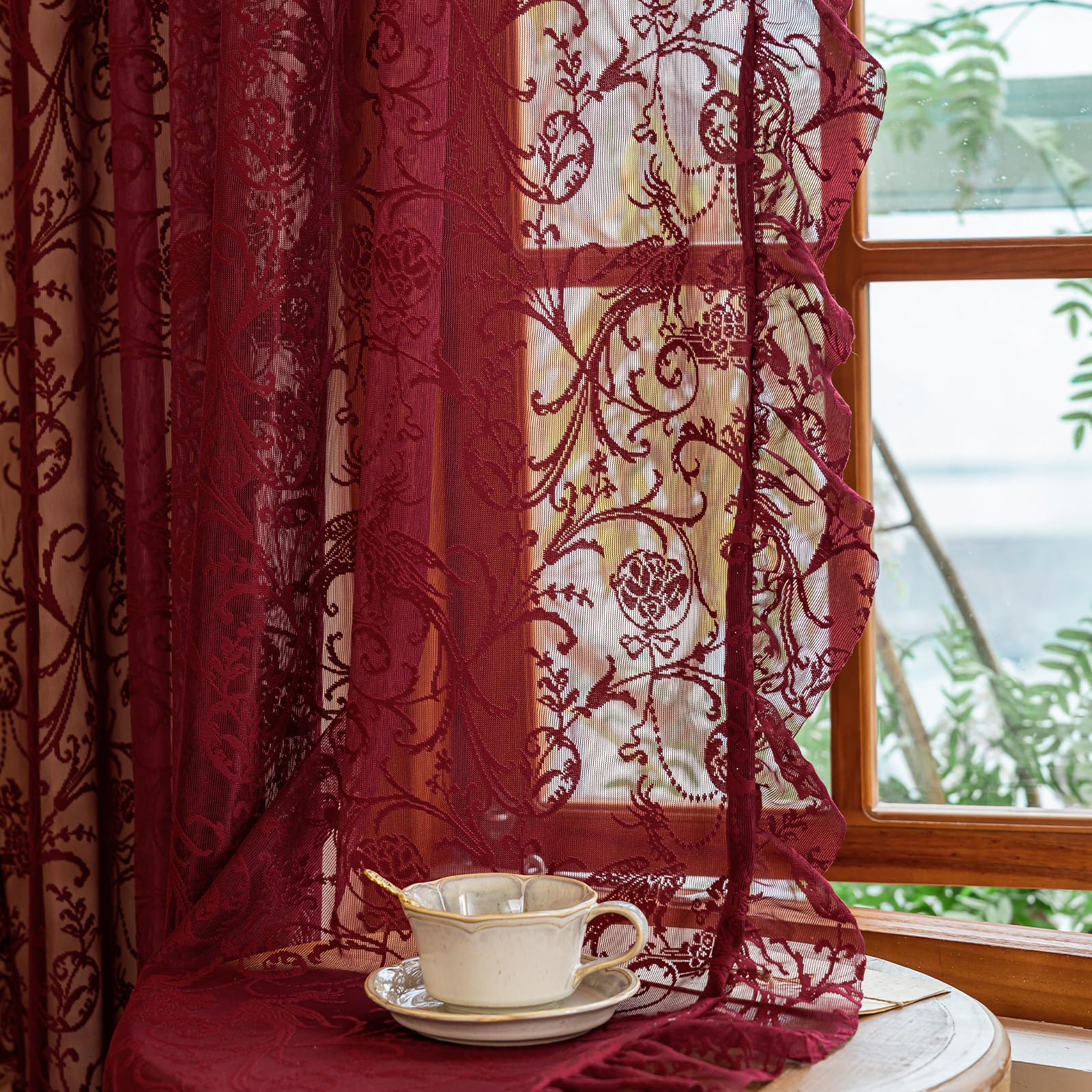 TUDECO Wine Red Kitchen Curtains 54 Inch Length - Pretty Sheer Flower Lace Short Curtains for Bathroom Garage, Ruffled Light Filtering Rod Pocket Xmas Burgundy Drapes for Small Window, 59 x 54 Inch — image 1