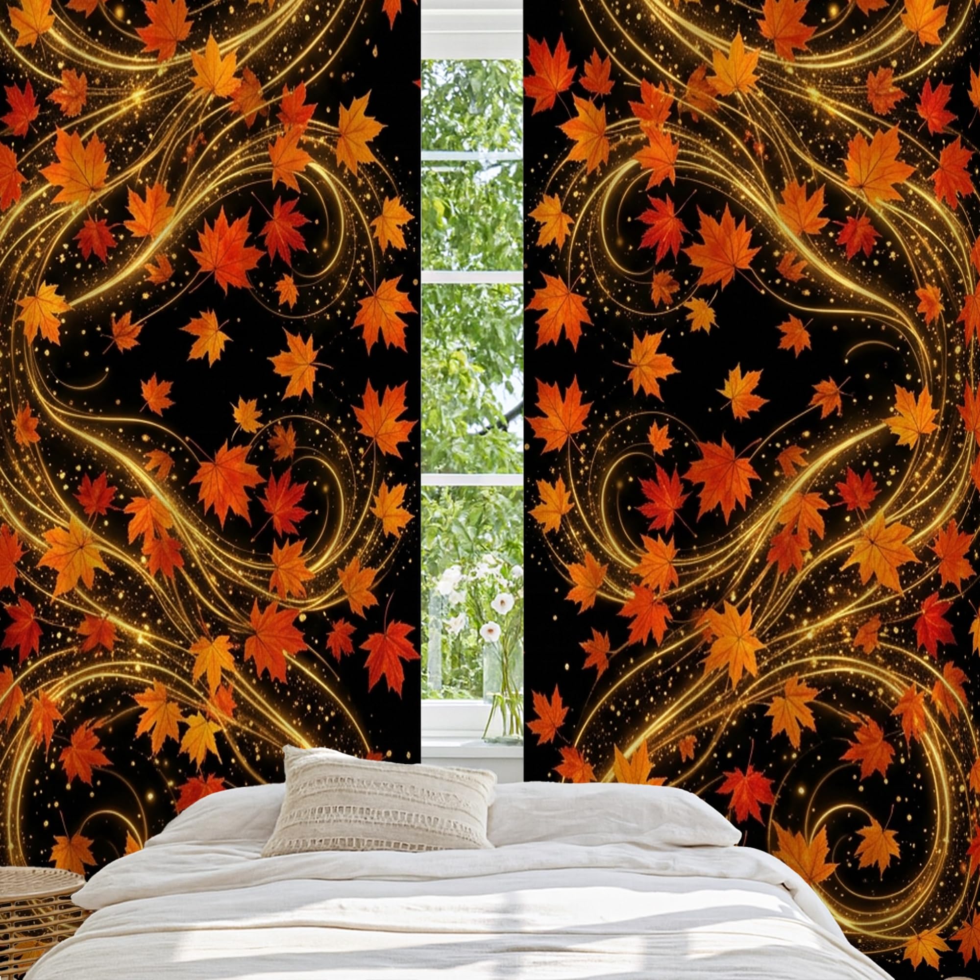 Verdunkelungsvorhänge, Ahornblätter, traditionelle Wirbel, Sterne, Herbst, schwarz, wärmeisoliert, Ösenvorhänge für Wohnung, Wohnzimmer, Schlafzimmer, 132 x 213 cm