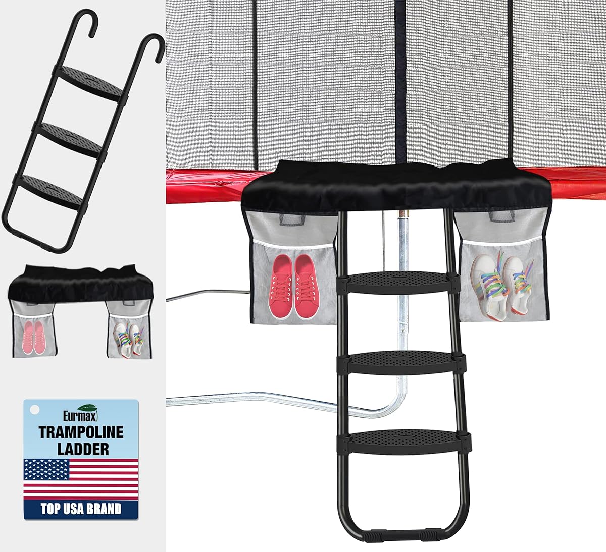 Eurmax USA Universal Easy-to-Assemble Trampoline Ladder, 3 Steps with Wide Steps, Storage Bag, 220 lbs Capacity Trampoline Accessories for Children Kids, Black
