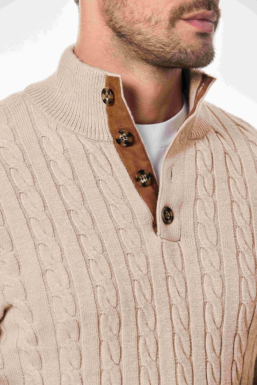 JMIERR Men's Cable Knit Pullover Sweater Casual Long Sleeve Stand Collar Button Knitted Sweaters - Image 5