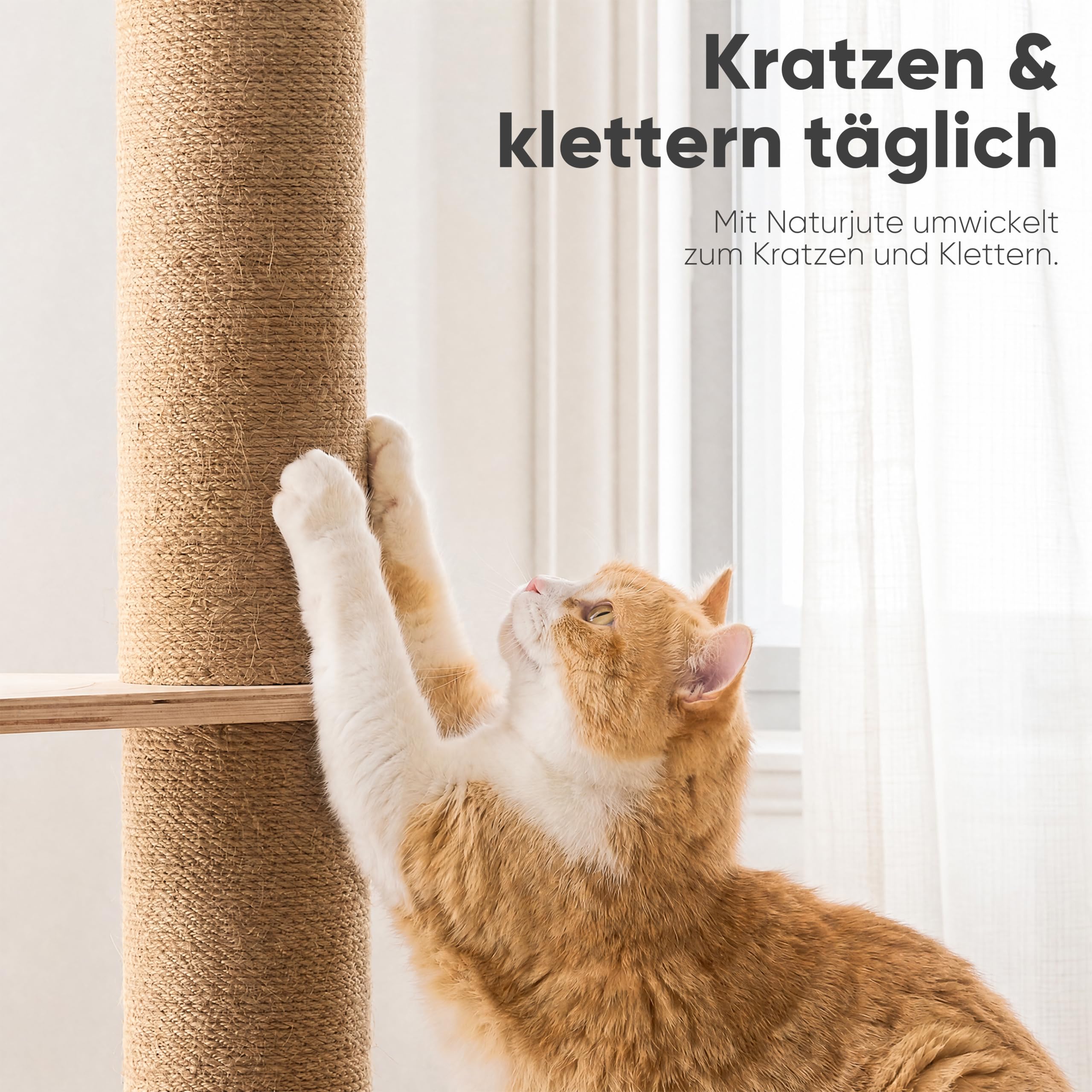 FUKUMARU Kratzbaum, bis zur Decke reichender Katzenturm,Katzenbaum aus Natürliches Gummiholz-Sperrholz, mit Katzenversteck-Zelt und oberer Liegenische mit Geländer,beige