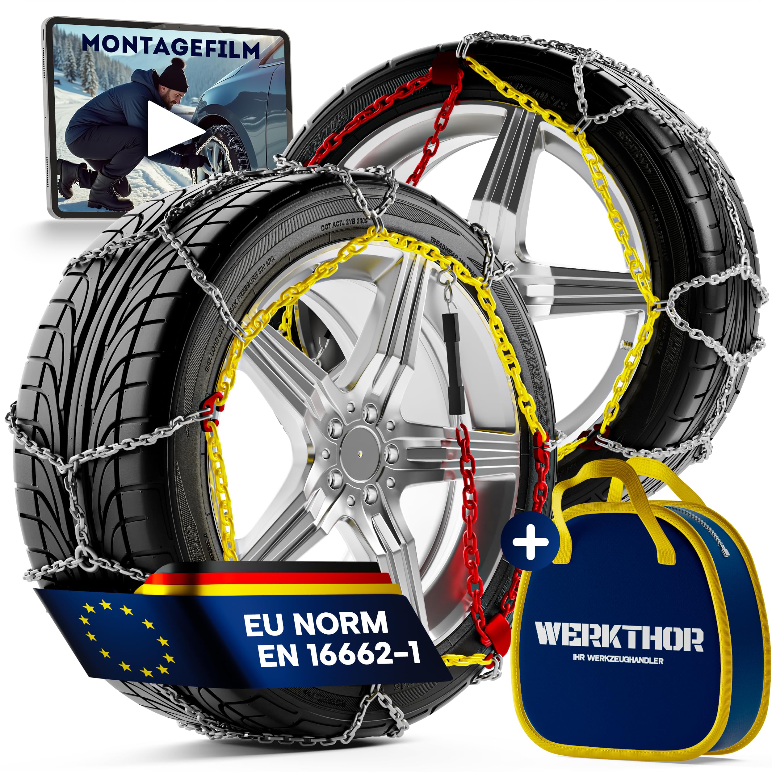 WERKTHOR 2x Schneeketten - Zugelassene Schneeketten für PKW - Einfache Montage & Optimaler Grip - Schneekette aus Metall - Für verschiedenen Reifengrößen (WT 110)