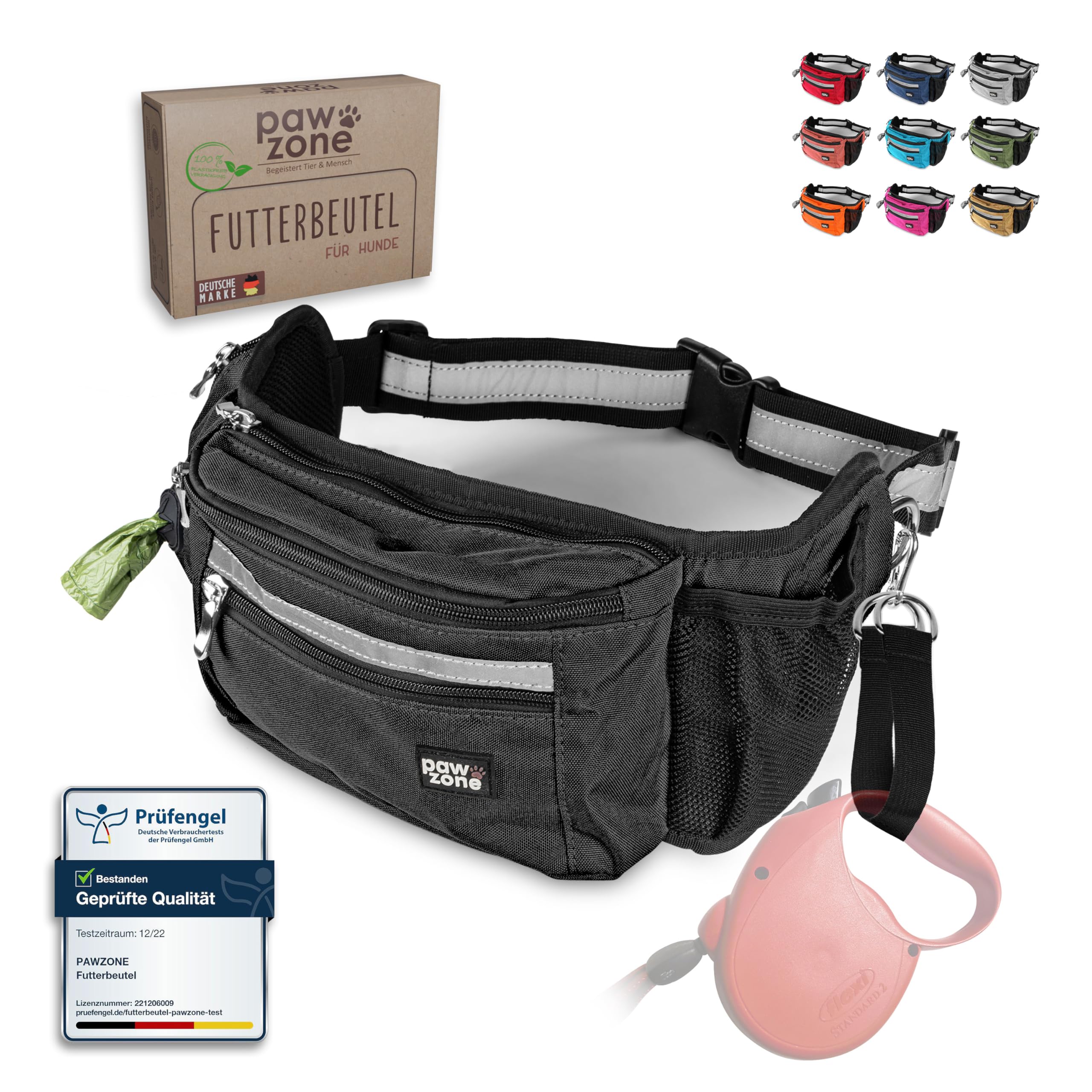 PAWZONE Futterbeutel Hunde - Leckerlibeutel für Hunde - Bauchtasche für Hunde Zubehör - Leckerlitasche für Hunde - Inkl. Reflektorband & Zusatzgurt für Flexileine (Schwarz)