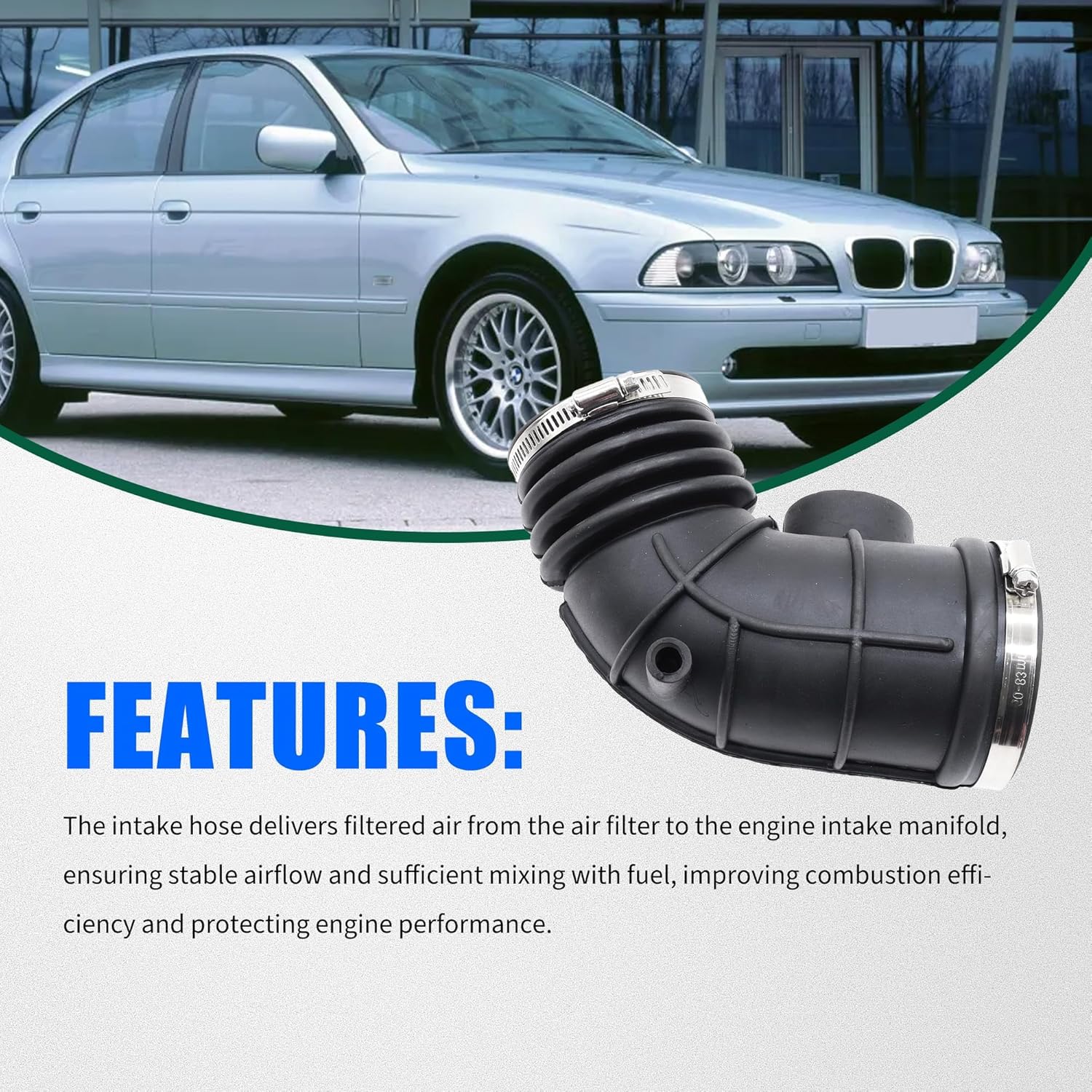 13541435625 Engine Air Intake Hose Tube W/Clamps Compatible with BMW [E39 Series] 525i 01-03, 528i 99-00, [Mass Air Flow Sensor (MAF) To Throttle Body]
