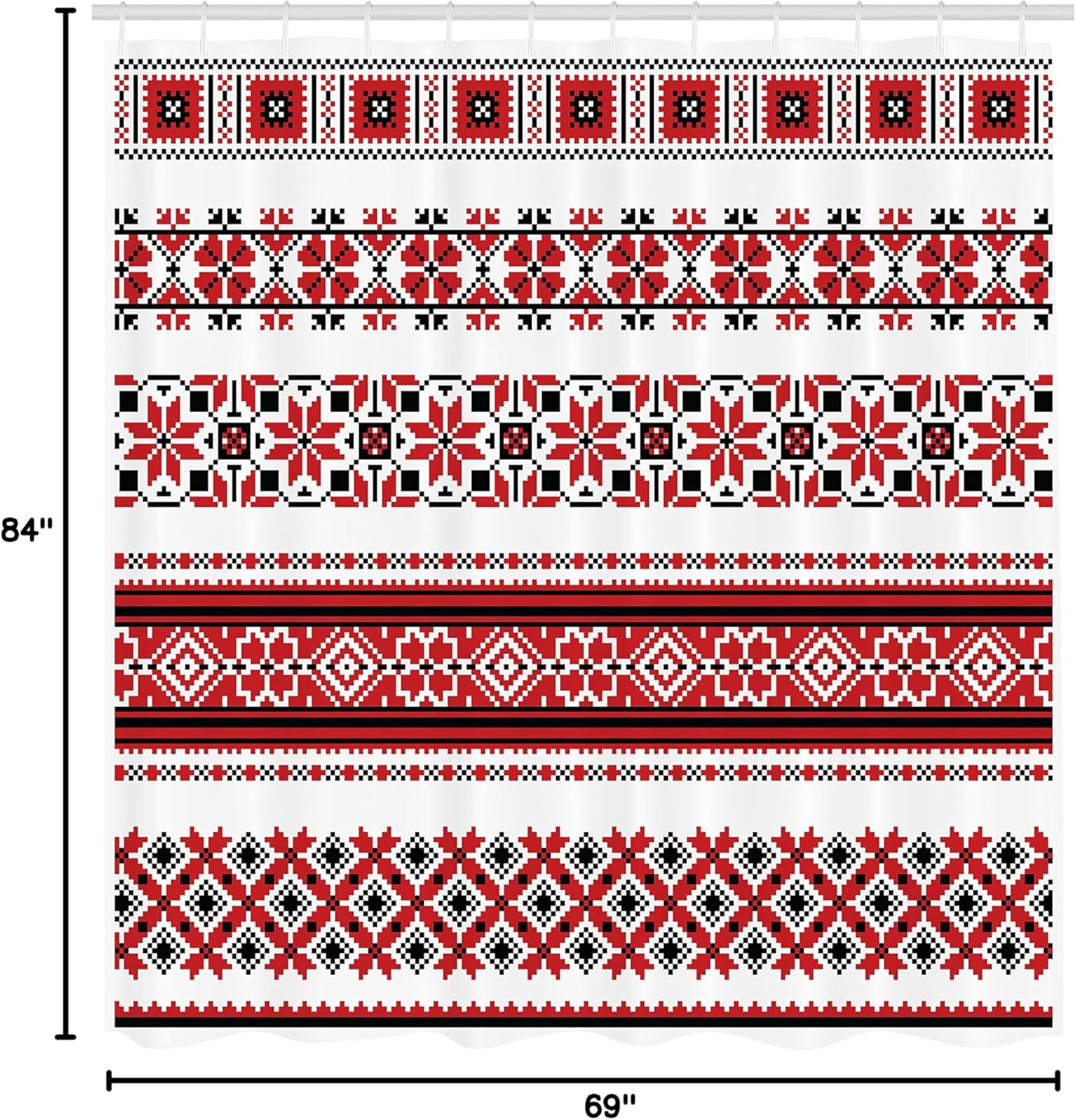Ambesonne Valentine's Day Shower Curtain, Ukrainian Needlework Illustration Traditional Accents Arts and Crafts, Cloth Fabric Bathroom Decor Set with Hooks, 69" W x 84" L, White Black Red