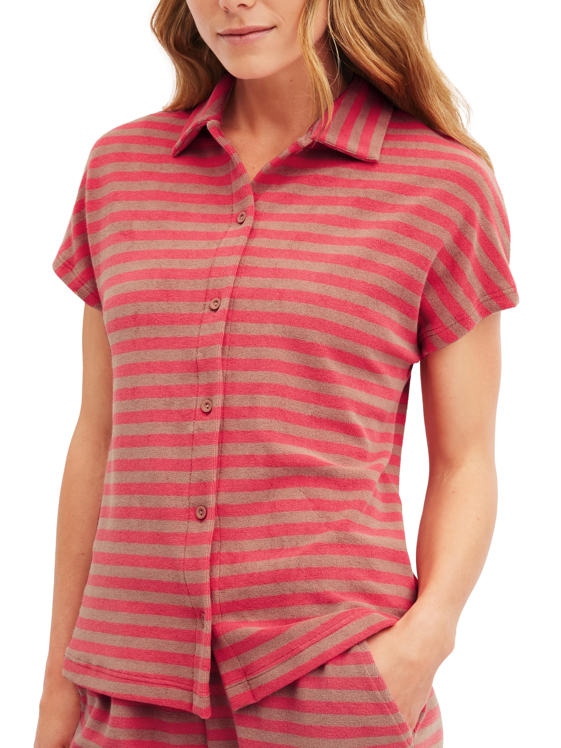 Calida Damen Braun/Rosa Lounge Stripe Kurzarm-Shirt Mit Knöpfen Aus Terryfür S, Entspannte Frottée-Loungewear Mit Zeitlosem Streifenlook