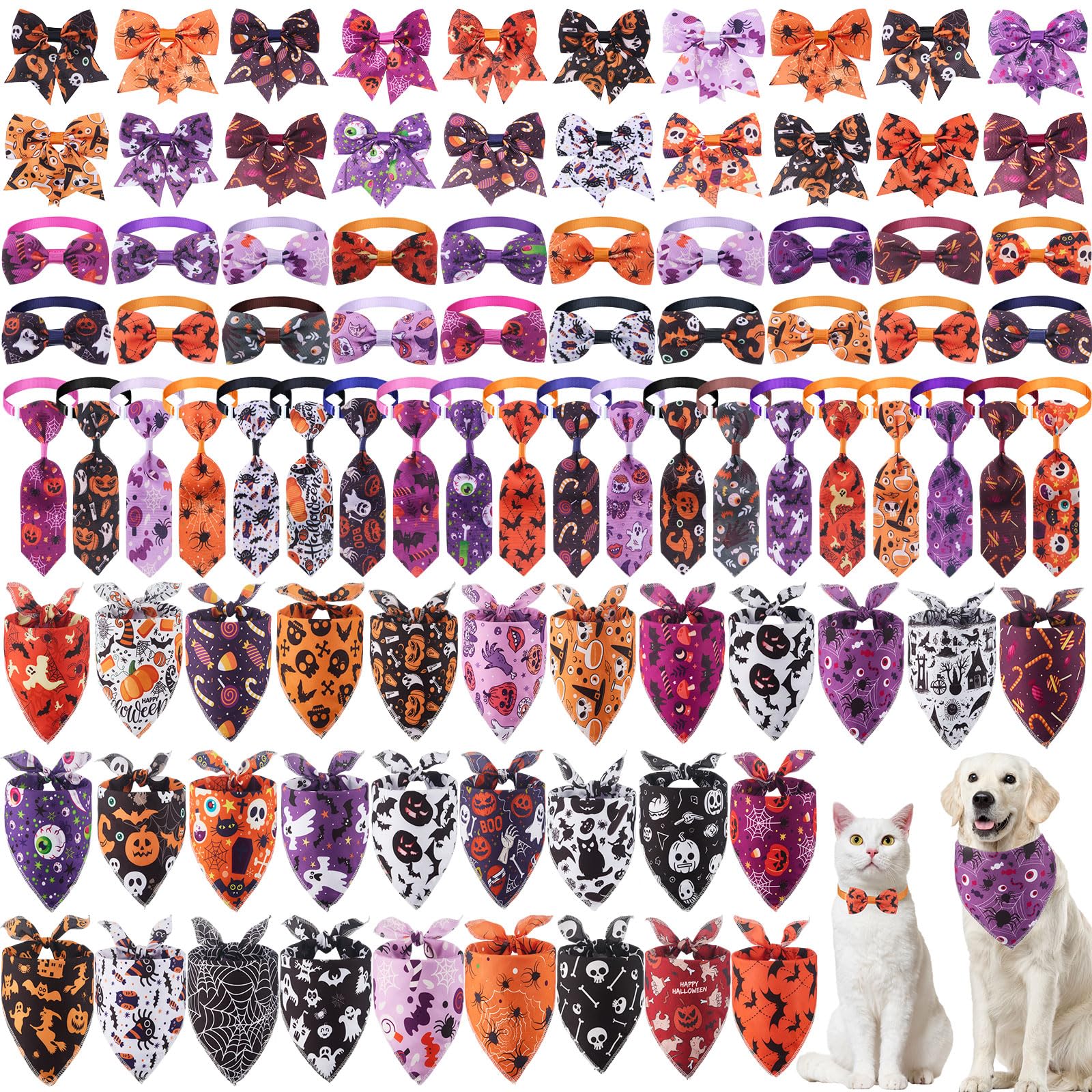 Reginary 120 Pcs Halloween Dog Bandanas Bulk Dog Bows Set Bow Ties Cat Scarf Colorful Washable Triangle Pet Kerchief Cute Bib for Summer Small Medium Large Pets Grooming Accessories Costume