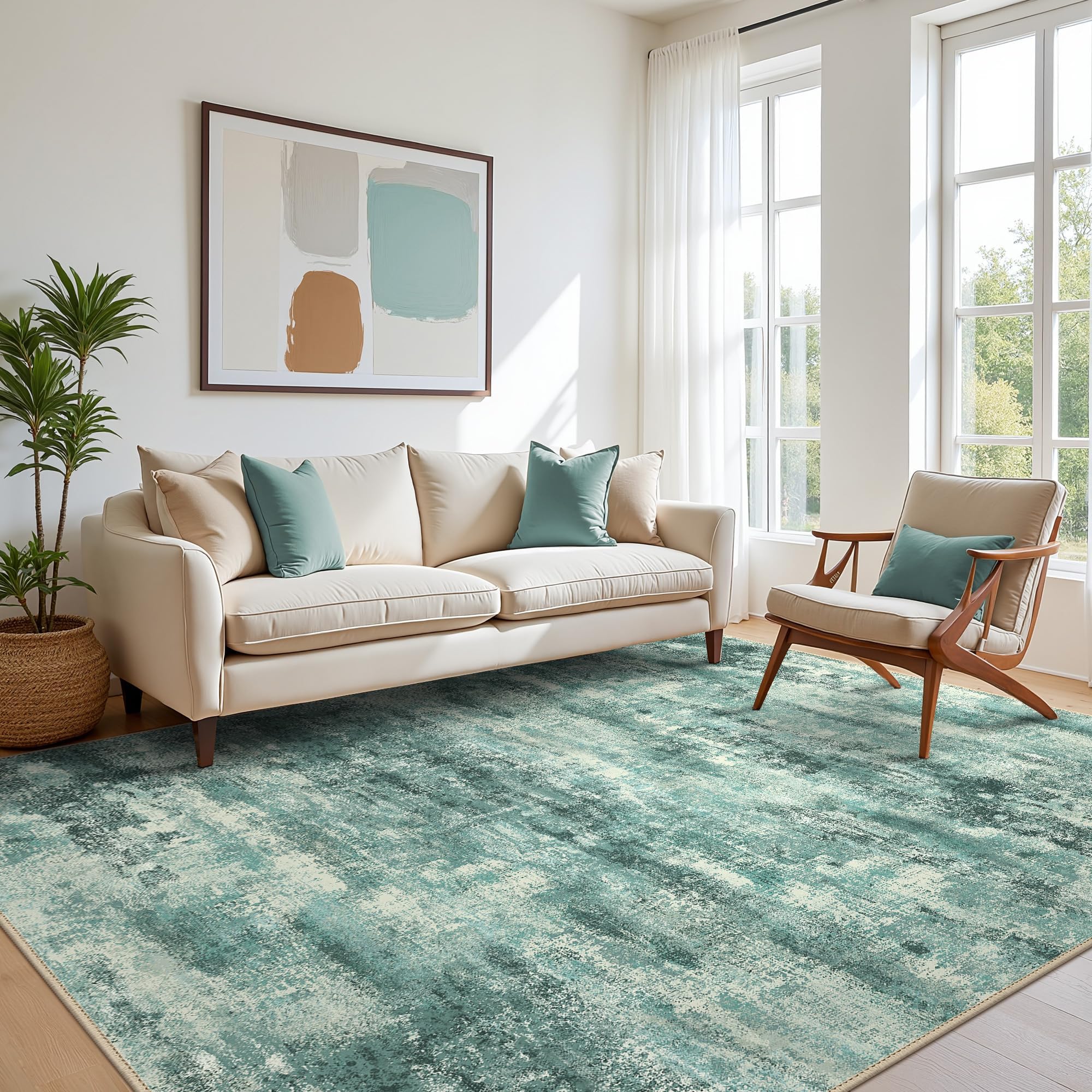 BEIMO Area Rugs 6x9 for Living Room Bedroom, Modern Splash Abstract Machine Washable Rug, Large Soft Low Pile Floor Cover with Non Slip Backing for Dining Room, Teal Green