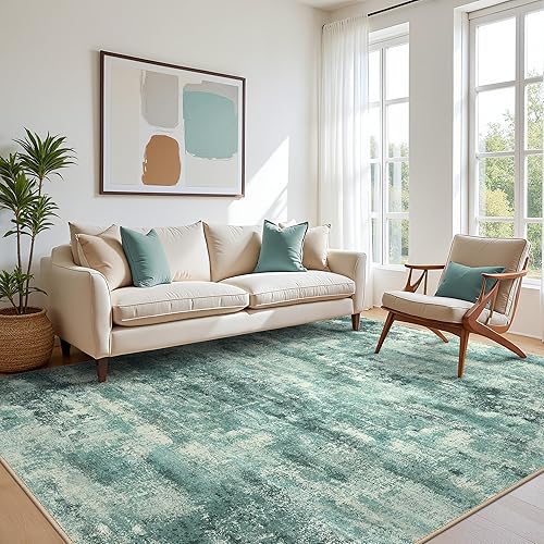 Area Rugs 10x14 for Living Room Bedroom, Modern Splash Abstract Machine Washable Rug, Large Soft Low Pile Floor Cover with Non Slip Backing for Dining Room, Teal Green