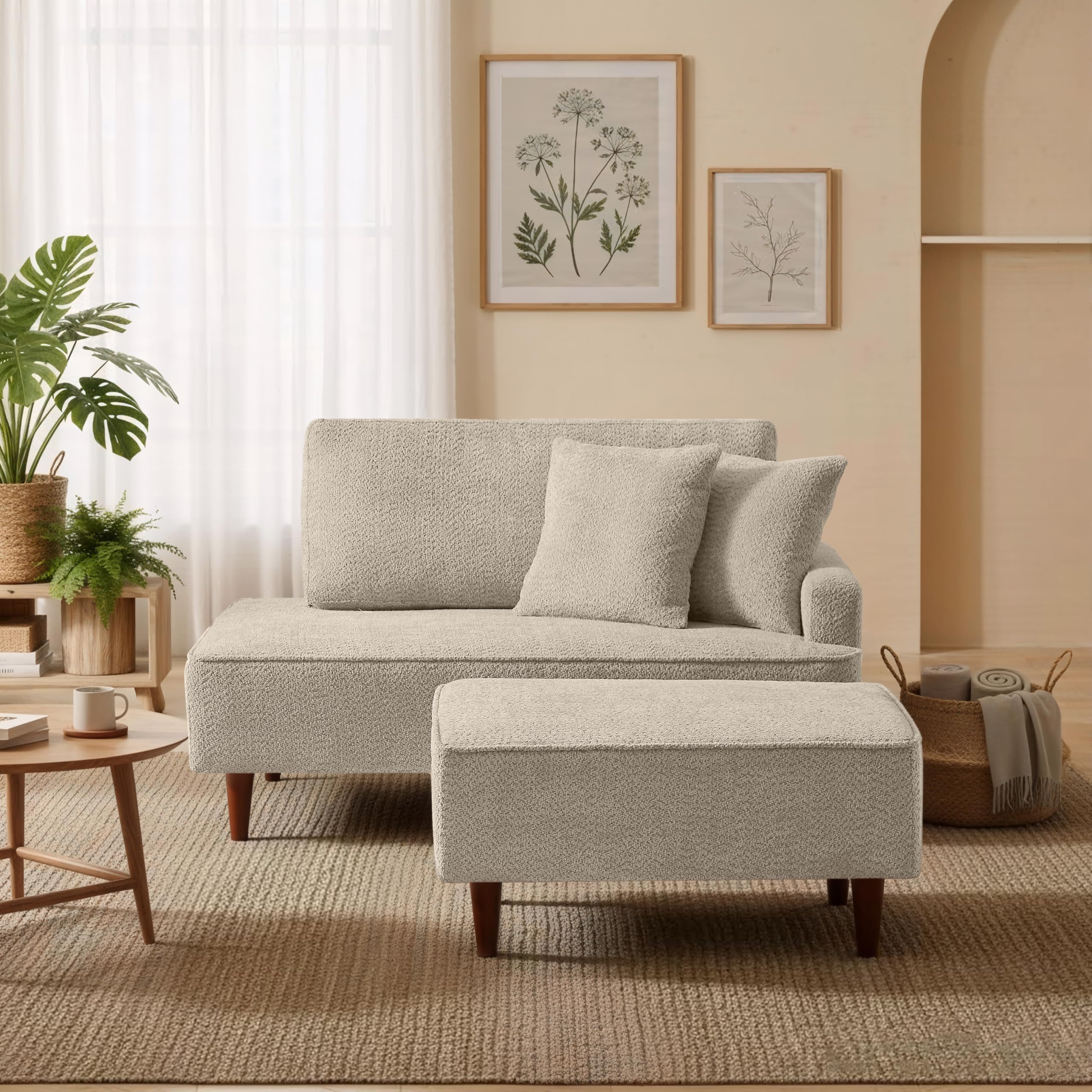 GDFStudio Upholstered Chaise Lounge Chair Indoor with Ottoman, Boucle Fabric Chaise Chair with 2 Throw Pillows and Solid Wood Legs, Recliner Lounge