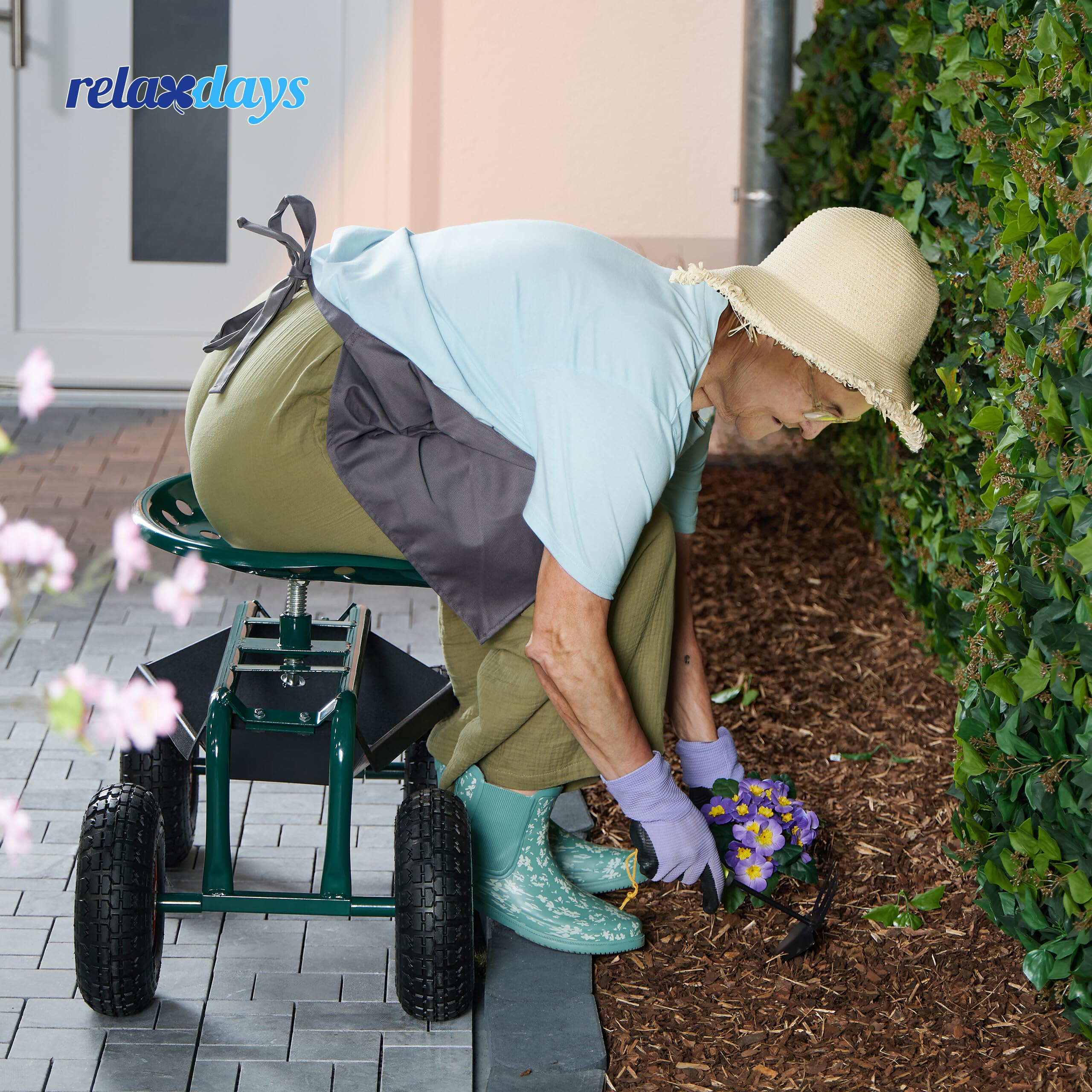 Relaxdays Sgabello Giardinaggio con Ruote, Carrello Portautensili Giardino e Officina, Regolabile, 150kg, Acciaio, Verde, 55 x 45 x 87 cm