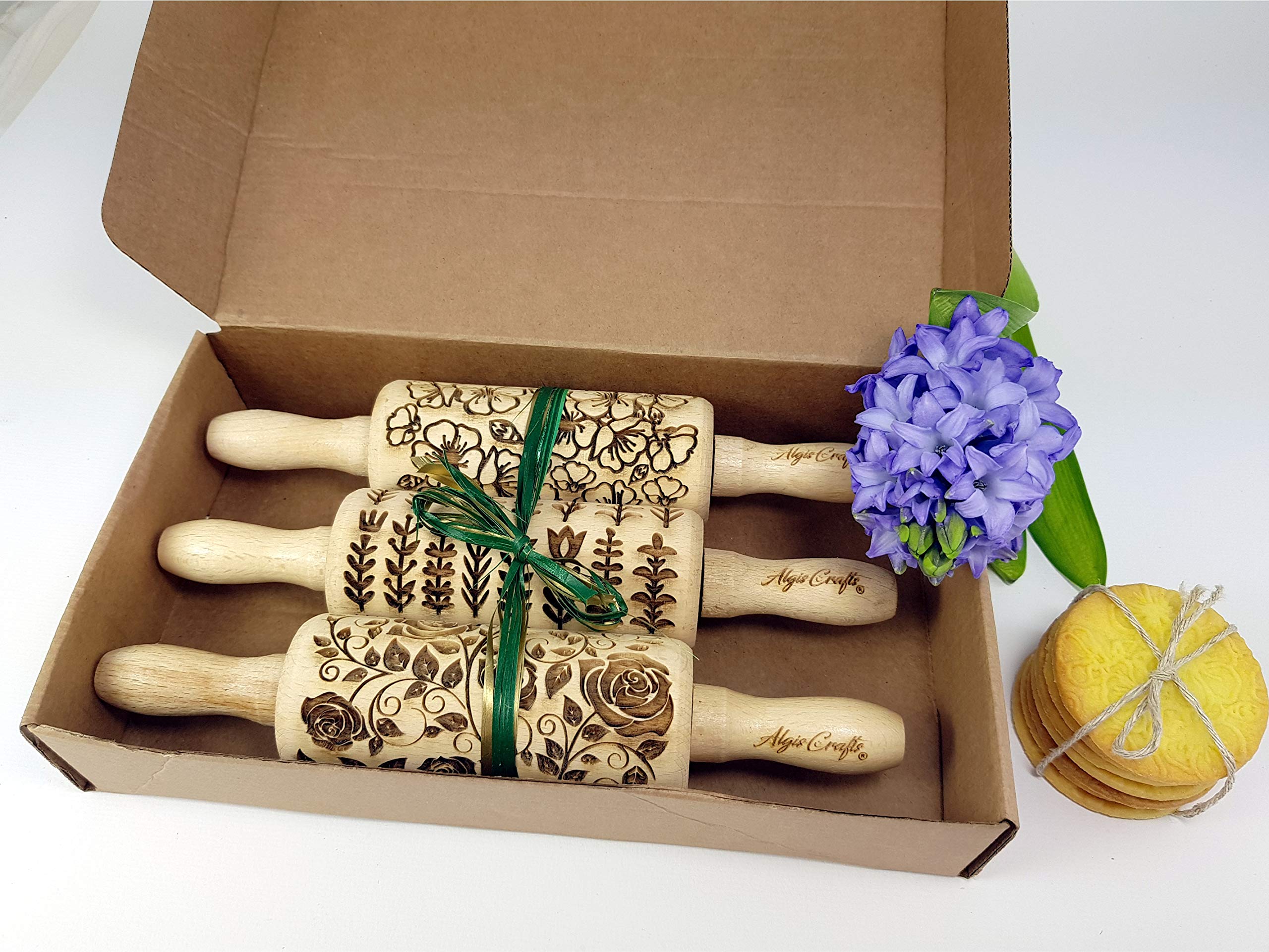 GARTENBLUMEN 3-er SET mini Nudelhölzer für hausgemachtes Gebäck. Teigrolle mit Blumen- Rosen, Sakura, Herb Pflanzen Muster von Algis Crafts