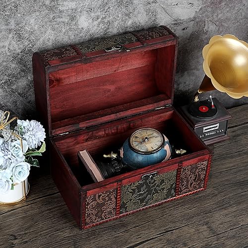 Miniatura 6 de ELLDOO Caja de cofre del tesoro vintage, caja de recuerdos pirata para regalos de niños, caja de almacenamiento de tesoros de madera, caja