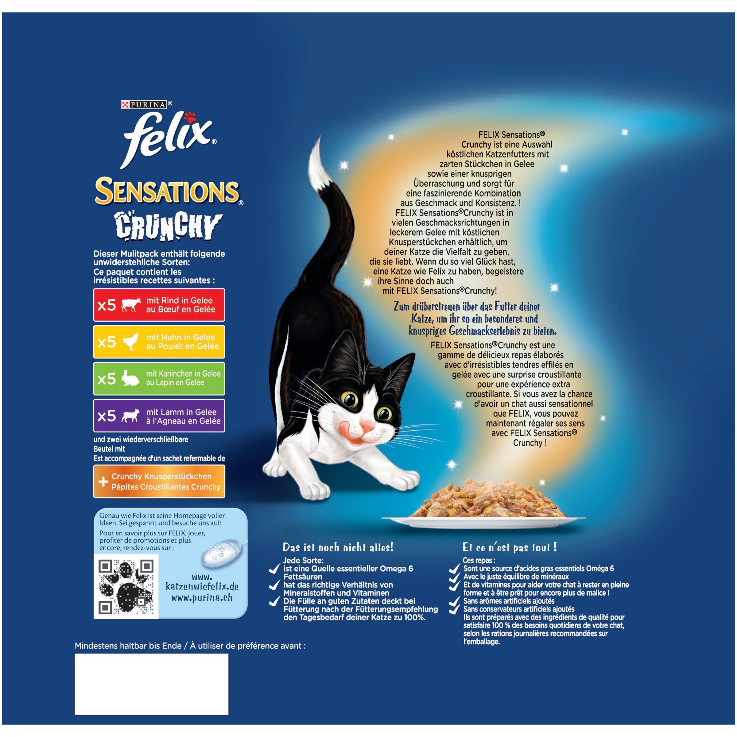 Felix Katzennassfutter Sensations Crunchy in Gelee mit Crunchy Knusperstückchen Geschmacksvielfalt vom Land 20 x 100 g Portionsbeutel +2 x 40 g Knusperstückchen, 1er Pack (1 x 2.08 kg)