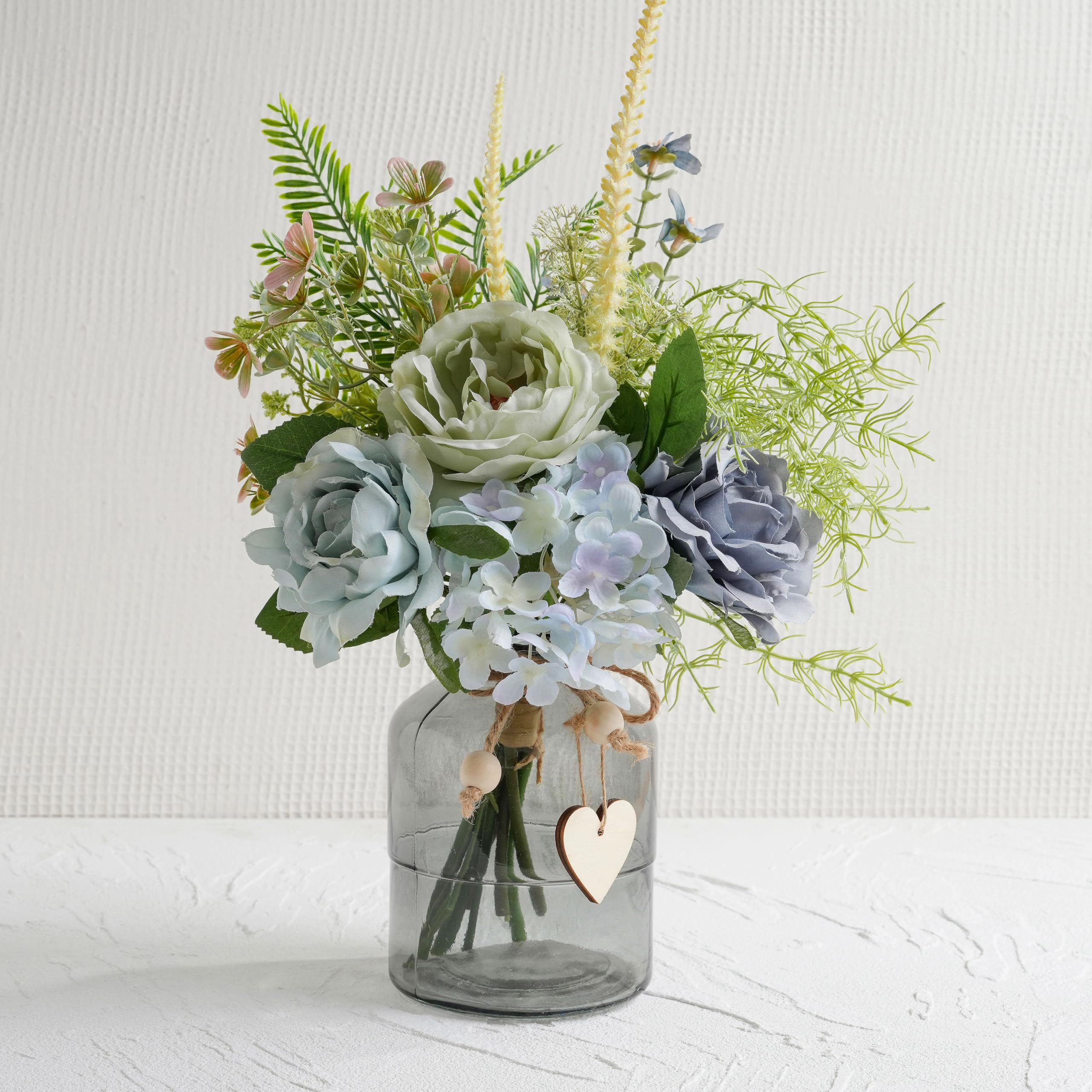 Donmills Fake Flowers with Vase – Artificial Blue Dahlia & Rose Arrangement, Spring Floral Table Centrepiece for Dining Table, Coffee Table & Farmhouse Home Décor