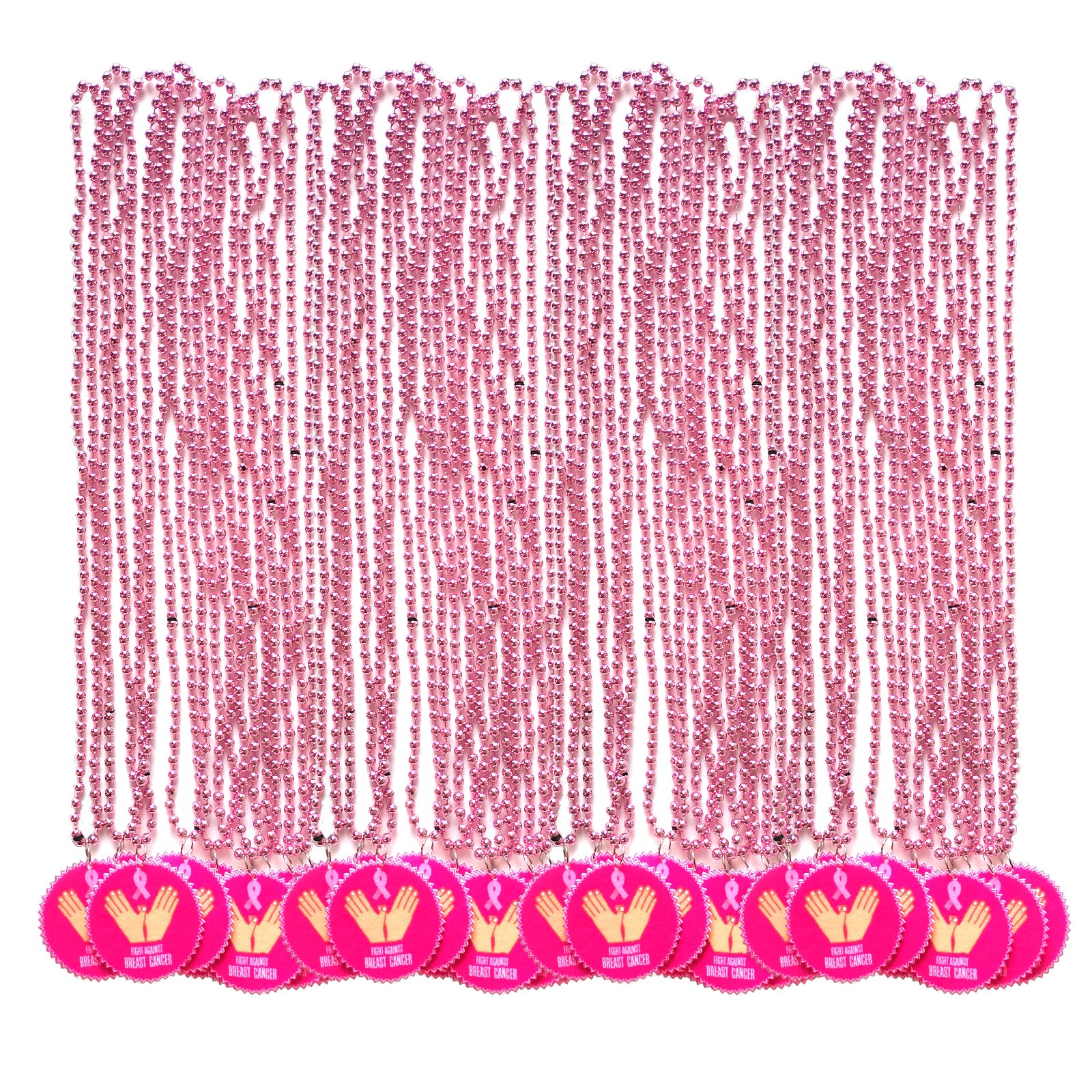 Voopurbic 36 Pcs Breast Cancer Awareness Beaded Necklaces, Pink Mardi Gras Necklaces With Ribbon Pendants For Breast Cancer Month Accessories