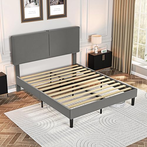 Miniatura 8 de VECELO Base de cama de tamaño matrimonial, plataforma tapizada con cabecera ajustable en altura, soporte de listones de madera, espacio debajo de la