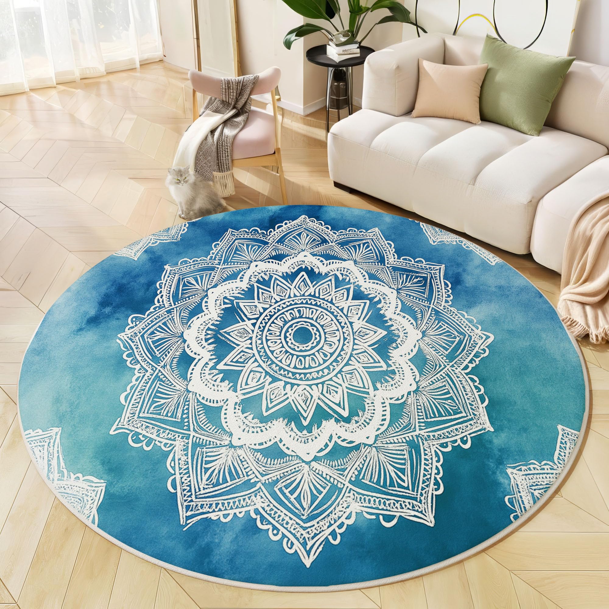 Bohème-Stil Kurzflor Teppich, Spitzen-Mandala Rund Teppich Waschbarer, 100cm rutschfest Carpet Weicher Kreis Teppiche für Kinderzimmer Esszimmer Büro, Blau