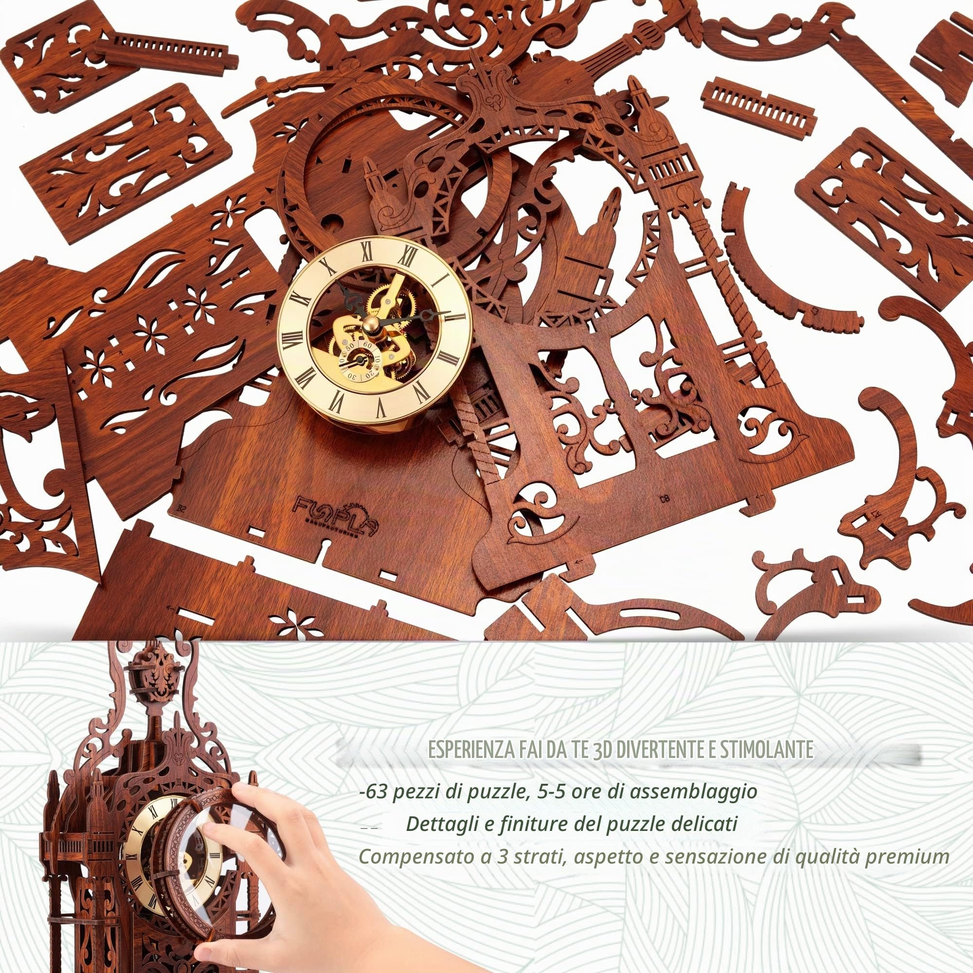 FUNPOLA LED 3D Puzzle in Legno Torre dell'Orologio, Puzzle 3D Modellismo da Costruire Adulti,Puzzle 3D per la Casa Puzzle DIY 3D Kit Orologio (LED-WTC02)