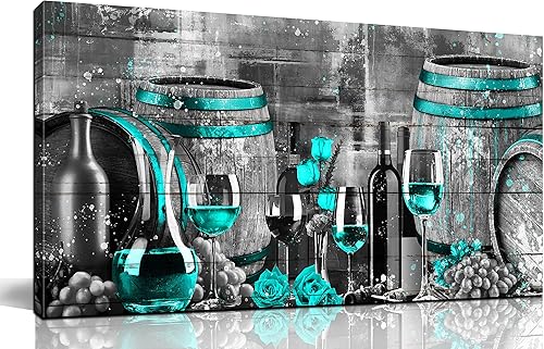 aburaeart Lienzo decorativo de pared de color verde azulado, decoración de pared de cuadros de vino, arte de pared de vino para cocina, tamaño