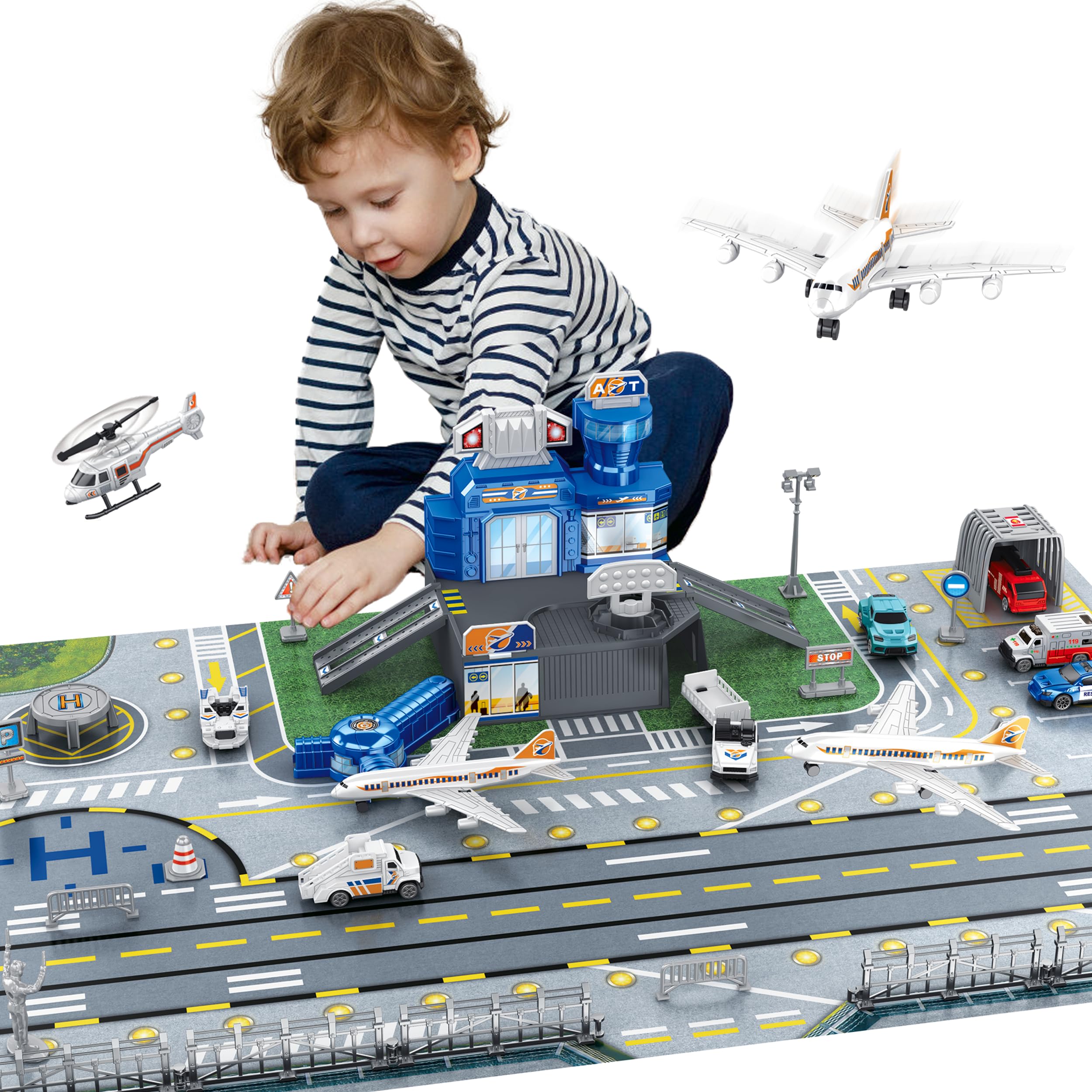 Airplane Toy Set with Trucks, Helicopter, Planes, Signs and Airport Playmat, Interactive Early Learning Toys for Boys and Girls, Great Gift for Birthday and Christmas