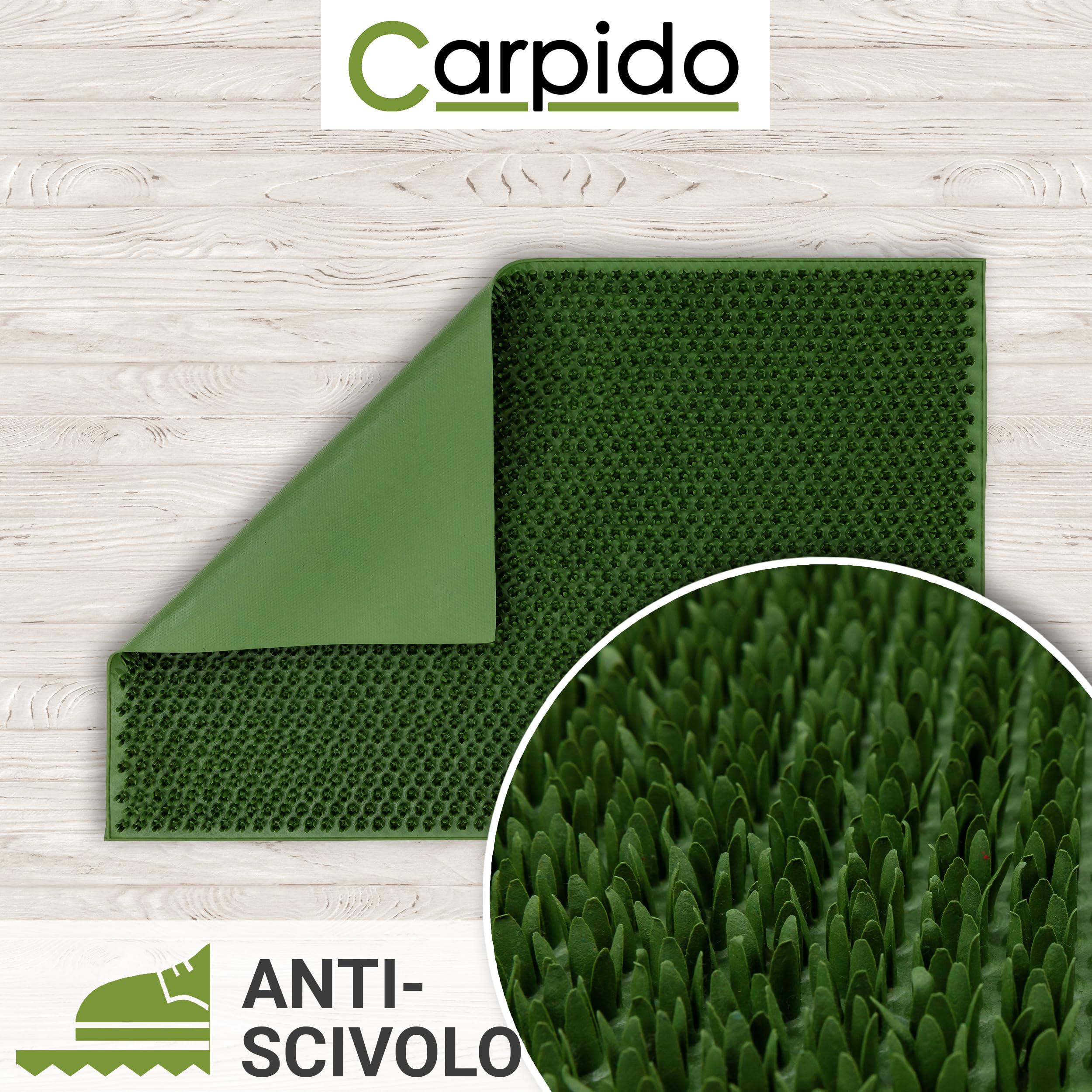 Carpido Zerbino da Esterno Resistente alle Intemperie in Gomma Antiscivolo - Verde Set di 3 40x60 cm - Tappeto Ingresso per Esterni Trattiene Sporco e Umidità