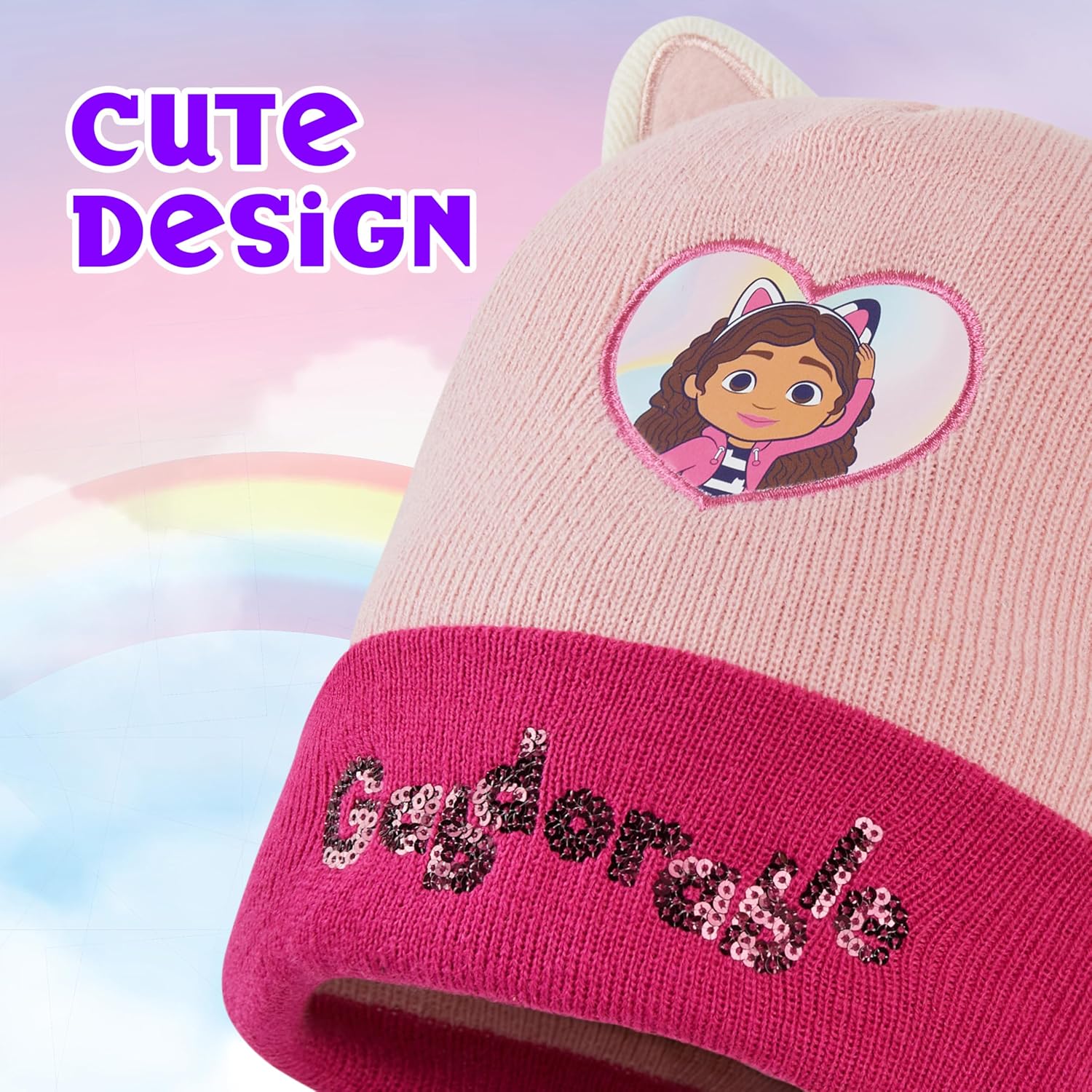 Gabby's Dollhouse Girls Beanie Hat and Gloves Set, Winter Beanie Warm Mittens for Cold Weather, Cozy Gifts for Girls (Pink)