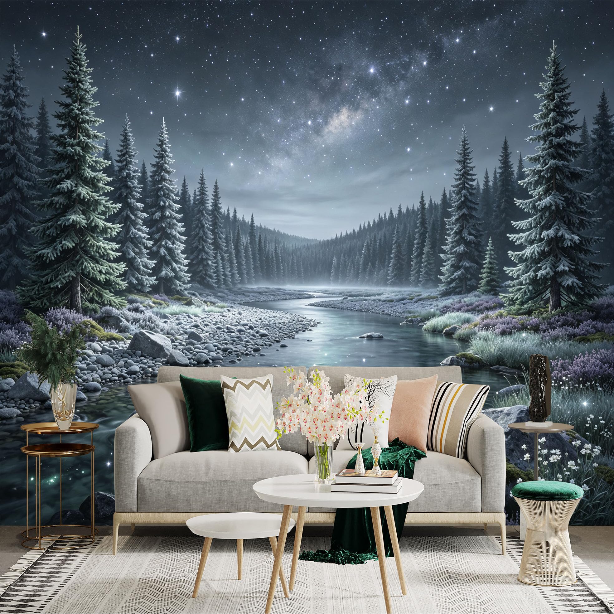 Lnzczhyre Bh260719017 Custom Size Wall Sticker Mural， Enchanted River And Winter Forest， Glowing Night Sky， For Wall Decoration， Peelandstick Wall Decals.