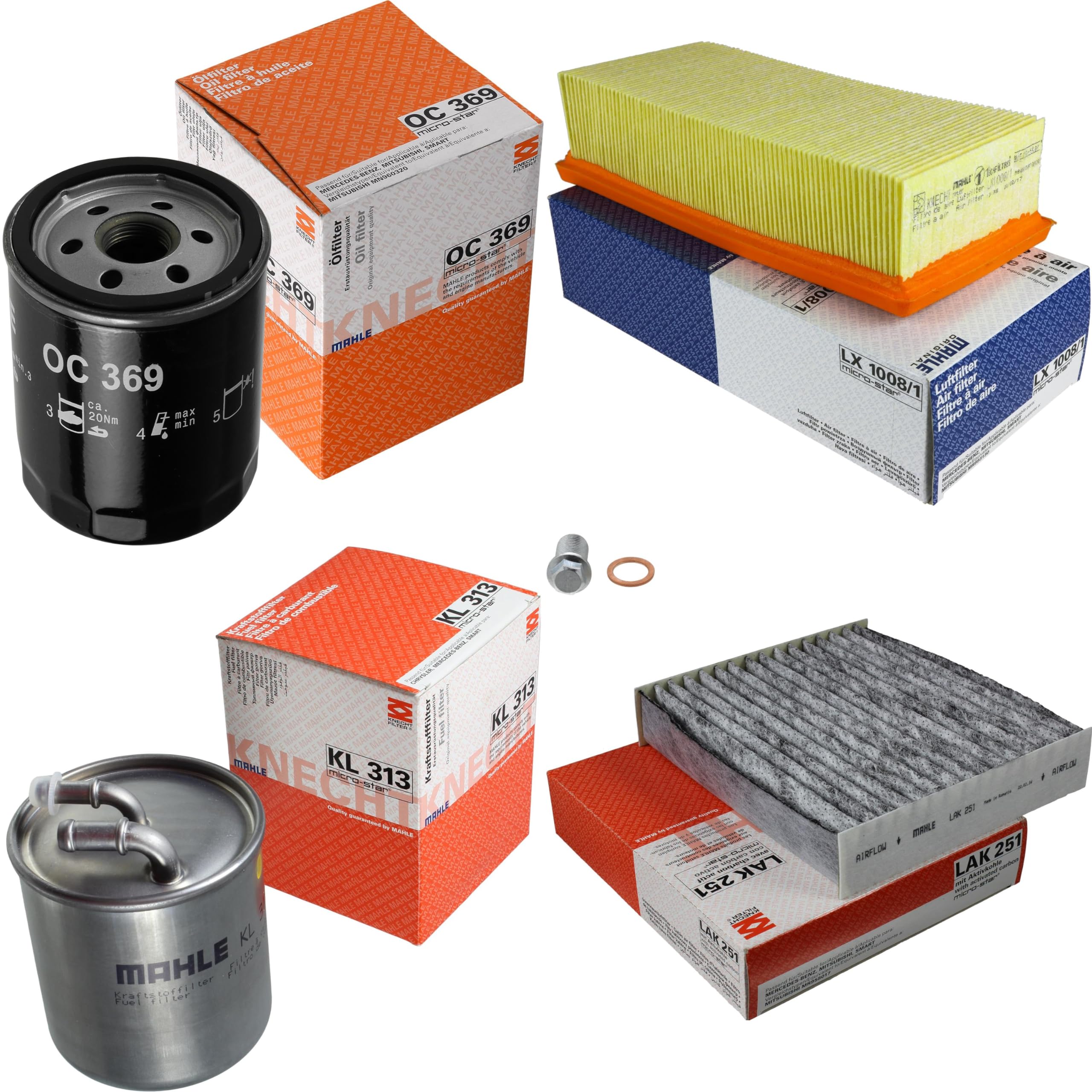 Paquete de inspección Kit de mantenimiento de filtros con filtro de aceite OC 369, filtro de aire LX 1008/1, filtro de combustible KL 313, filtro de habitáculo (carbón activado) LAK 251, tornillo de